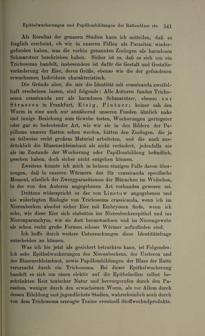 Als Resultat der genauen Studien kann ich mitteilen, daß es fraglich erscheint, ob wir in unseren Fällen als Parasiten wieder¬ gefunden haben, was die vorhin genannten Zoologen als harmlosen Schmarotzer beschrieben haben. Sicher ist es, daß es sich um ein Trichosoma handelt, insbesondere ist dafür die Gestalt und Gestalts¬ veränderung der Eier, deren Größe, ebenso wie die der gefundenen erwachsenen Individuen charakteristisch. Die Gründe aber, die mir die Identität mit crassicauda zweifel¬ haft erscheinen lassen, sind folgende: Alle Autoren fanden Tricho¬ soma crassicauda nur als harmlosen Schmarotzer, ebenso zur Strassen in Frankfurt, Eisig, Pintner; keiner sah den Wurm in eine auch nur annähernd unseren Funden ähnlich nahe und innige Beziehung zum Gewebe treten, Wucherungen geringerer oder gar so bedeutender Art, wie wir sie in den Bildern der Pa¬ pillome unserer Ratten sehen werden, hätten den Zoologen, die ja an teilweise recht großem Material arbeiteten, und die auch aus¬ drücklich die Blasenschleimhaut als nicht verändert, jedenfalls nie als im Zustande der Wucherung oder Papillombildung befindlich, gesehen haben, doch sicher nicht entgehen können. Zweitens konnte ich mich in keinem einzigen Falle davon über¬ zeugen, daß in unseren Würmern das für crassicauda specifische Moment, nämlich der Zwergparasitismus der Männchen im Weibchen, in der von den Autoren angegebenen Art vorhanden gewesen sei. Drittens widerspricht es der von Linstow angegebenen und nie widerlegten Biologie von Trichosoma crassicauda, wenn ich im Nierenbecken absolut sicher Eier mit Embryonen finde, wenn ich sehe, wie diese Eier sich einbetten ins Nierenbeckenepithel und ins Nierenparenchym, wie sie dort heranwachsen und im Nierengewebe als schon recht große Formen eiloser Würmer aufzufinden sind. Ich hoffe durch weitere Untersuchungen diese Identitätsfrage entscheiden zu können. Was ich bis jetzt als gesichert betrachten kann, ist Folgendes: Ich sehe Epithelwucherungen des Nierenbeckens, der Ureteren und der Blasenschleimhaut, sowie Papillombildungen der Blase der Ratte verursacht durch ein Trichosoma. Bei dieser Epithelwucherung handelt es sich um einen elektiv auf die Epithelzellen selbst be¬ schränkten Reiz toxischer Natur und hervorgerufen durch den Pa¬ rasiten, weniger durch den erwachsenen Wurm, als vor Allem durch dessen Eibildung und jugendlichste Stadien, wahrscheinlich auch durch von dem Trichosoma erzeugte Toxine eventuell Stoffwechselprodukte.