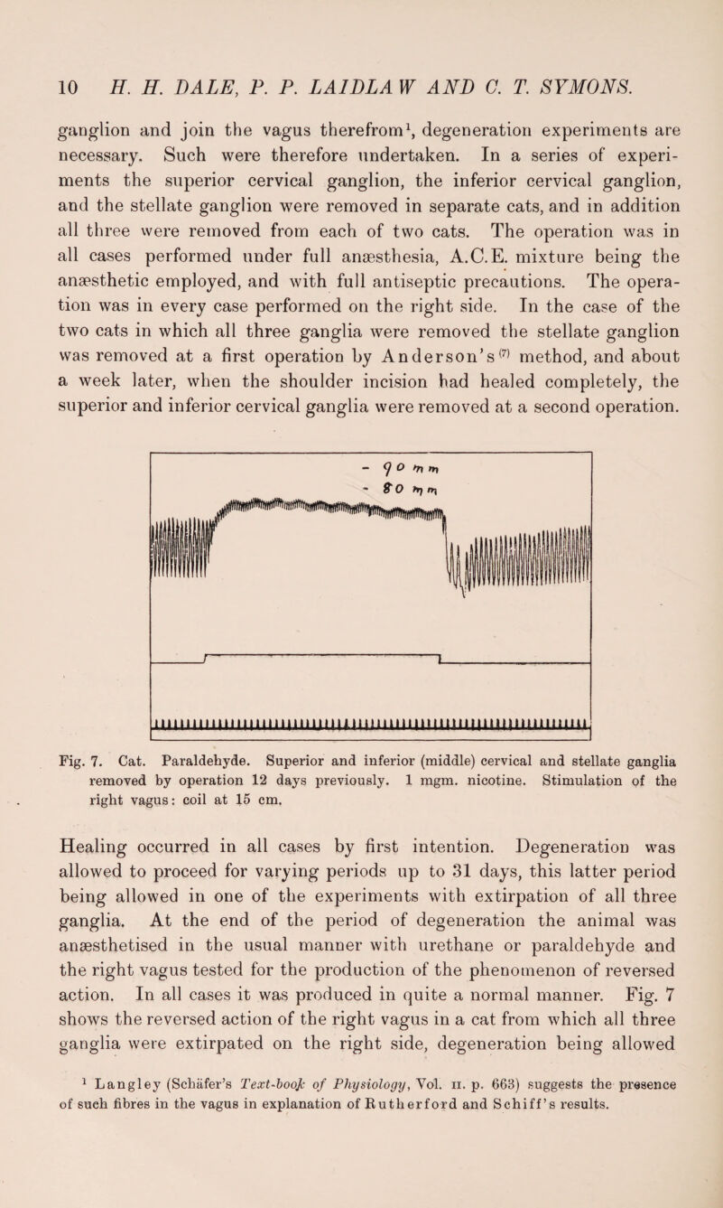 ganglion and join the vagus therefrom1, degeneration experiments are necessary. Such were therefore undertaken. In a series of experi¬ ments the superior cervical ganglion, the inferior cervical ganglion, and the stellate ganglion were removed in separate cats, and in addition all three were removed from each of two cats. The operation was in all cases performed under full anaesthesia, A.C.E. mixture being the anaesthetic employed, and with full antiseptic precautions. The opera¬ tion was in every case performed on the right side. In the case of the two cats in which all three ganglia were removed the stellate ganglion was removed at a first operation by Anderson’s(7) method, and about a week later, when the shoulder incision had healed completely, the superior and inferior cervical ganglia were removed at a second operation. Fig. 7. Cat. Paraldehyde. Superior and inferior (middle) cervical and stellate ganglia removed by operation 12 days previously. 1 mgm. nicotine. Stimulation of the right vagus: coil at 15 cm. Healing occurred in all cases by first intention. Degeneration was allowed to proceed for varying periods up to 31 days, this latter period being allowed in one of the experiments with extirpation of all three ganglia. At the end of the period of degeneration the animal was anaesthetised in the usual manner with urethane or paraldehyde and the right vagus tested for the production of the phenomenon of reversed action. In all cases it was produced in quite a normal manner. Fig. 7 shows the reversed action of the right vagus in a cat from which all three ganglia were extirpated on the right side, degeneration being allowed 1 Langley (Schafer’s Text-boojc of Physiology, Yol. n. p, 66B) suggests the presence of sueh fibres in the vagus in explanation of Rutherford and Schiff’s results.