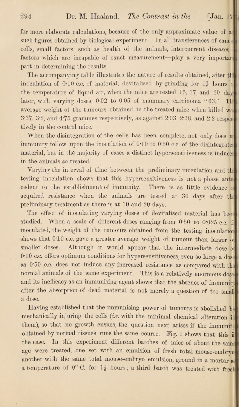 for more elaborate calculations, because of tlie only approximate value of ai such figures obtained by biological experiment. In all transferences of cance cells, small factors, such as health of the animals, intercurrent diseases- factors which are incapable of exact measurement—play a very importam part in determining the results. The accompanying table illustrates the nature of results obtained, after tl j inoculation of 0*10 c.c. of material, devitalised by grinding for 1J- hours a I the temperature of liquid air, when the mice are tested 15, 17, and 20 day later, with varying doses, O02 to 0’05 of mammary carcinoma “ 63.” Th | average weight of the tumours obtained in the treated mice when killed wsj 3*37, 3‘2, and 4*75 grammes respectively, as against 2’03, 2*38, and 2*2 respec¬ tively in the control mice. When the disintegration of the cells has been complete, not only does n immunity follow upon the inoculation of 0T0 to 0‘50 c.c. of the disintegrate^ material, but in the majority of cases a distinct hypersensitiveness is induce* in the animals so treated. Varying the interval of time between the preliminary inoculation and th testing inoculation shows that this hypersensitiveness is not a phase ante cedent to the establishment of immunity. There is as little evidence o acquired resistance when the animals are tested at 30 days after thi preliminary treatment as there is at 10 and 20 days. The effect of inoculating varying doses of devitalised material has bee studied. When a scale of different doses ranging from 0’50 to 0-025 c.c. ii inoculated, the weight of the tumours obtained from the testing inoculatio shows that 0T0 c.c. gave a greater average weight of tumour than larger or smaller doses. Although it would appear that the intermediate dose o: 0T0 c.c. offers optimum conditions for hypersensitiveness, even so large a dos; as 0'50 c.c. does not induce any increased resistance as compared with th normal animals of the same experiment. This is a relatively enormous dose and its inefficacy as an immunising agent shows that the absence of immunit c after the absorption of dead material is not merely a question of too smal a dose. Having established that the immunising power of tumours is abolished h t mechanically injuring the cells (i.e. with the minimal chemical alteration ii them), so that no growth ensues, the question next arises if the immunit' « obtained by normal tissues runs the same course. Tig. 1 shows that this ii the case. In this experiment different batches of mice of about the sam age were treated, one set with an emulsion of fresh total mouse-embryo* another with the same total mouse-embryo emulsion, ground in a mortar ai a temperature of 0° C, for 1^ hours; a third batch was treated with fresl