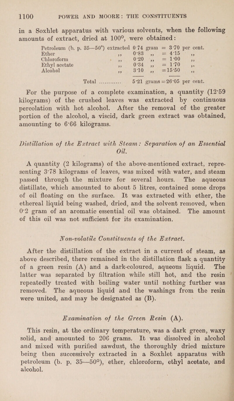 in a Soxhlet apparatus with various solvents, when the following amounts of extract, dried at 100°, were obtained: Petroleum (b. p. 35—50°) extracted 0 74 gram = 3 '70 per cent. Ether ,, 0*83 ,, = 4T5 Chloroform ,, 0*20 ,, = l'OO Ethyl acetate ,, 0*34 ,, = 1'70 Alcohol ,, 3 TO „ =15*50 Total . 5’21 grams =26*05 per cent. For the purpose of a complete examination, a quantity (12*59 kilograms) of the crushed leaves was extracted by continuous percolation with hot alcohol. After the removal of the greater portion of the alcohol, a viscid, dark green extract was obtained, amounting to 6*66 kilograms. Distillation of the Extract with Steam: Separation of an Essential Oil. A quantity (2 kilograms) of the above-mentioned extract, repre¬ senting 3*78 kilograms of leaves, was mixed with water, and steam passed through the mixture for several hours. The aqueous distillate, which amounted to about 5 litres, contained some drops of oil floating on the surface. It was extracted with ether, the ethereal liquid being washed, dried, and the solvent removed, when 0*2 gram of an aromatic essential oil was obtained. The amount of this oil was not sufficient for its examination. Non-volatile Constituents of the Extract. After the distillation of the extract in a current of steam, as above described, there remained in the distillation flask a quantity of a green resin (A) and a dark-coloured, aqueous liquid. The latter was separated by filtration while still hot, and the resin repeatedly treated with boiling water until nothing further was removed. The aqueous liquid and the washings from the resin were united, and may be designated as (B). Examination of the Green Resin (A). This resin, at the ordinary temperature, was a dark green, waxy solid, and amounted to 206 grams. It was dissolved in alcohol and mixed with purified sawdust, the thoroughly dried mixture being then successively extracted in a Soxhlet apparatus with petroleum (b. p. 35—-50°), ether, chloroform, ethyl acetate, and alcohol.