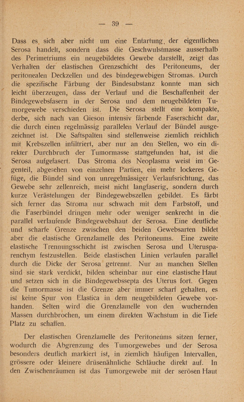 Dass es sich aber nicht um eine Entartung, der eigentlichen Serosa handelt, sondern dass die Geschwulstmasse ausserhalb des Perimetriums ein neugebildetes Gewebe darstellt, zeigt das Verhalten der elastischen Grenzschicht des Peritoneums, der peritonealen Deckzellen und des bindegewebigen Stromas. Durch die spezifische Färbung der Bindesubstanz konnte man sich leicht überzeugen, dass der Verlauf und die Beschaffenheit der Bindegewebsfasern in der Serosa und dem neugebildeten Tu¬ morgewebe verschieden ist. Die Serosa stellt eine kompakte, derbe, sich nach van Gieson intensiv färbende Faserschicht dar, die durch einen regelmässig parallelen Verlauf der Bündel ausge¬ zeichnet ist. Die Saftspalten sind stellenweise ziemlich reichlich mit Krebszellen infiltriert, aber nur an den Stellen, wo ein di¬ rekter Durchbruch der Tumormasse stattgefunden hat, ist die Serosa aufgefasert. Das Stroma des Neoplasma weist im Ge¬ genteil, abgesehen von einzelnen Partien, ein mehr lockeres Ge¬ füge, die Bünde] sind von unregelmässiger Verlaufsrichtung, das Gewebe sehr zellenreich, meist nicht langfaserig, sondern durch kurze Verästelungen der Bindegewebszellen gebildet. Es färbt sich ferner das Stroma nur schwach mit dem Farbstoff, und die Faserbündel dringen mehr oder weniger senkrecht in die parallel verlaufende Binclegewebshaut der Serosa. Eine deutliche und scharfe Grenze zwischen den beiden Gewebsarten bildet aber die elastische Grenzlamelle des Peritoneums. Eine zweite elastische Trennungsschicht ist zwischen Serosa und Uteruspa¬ renchym festzustellen. Beide elastischen Linien verlaufen parallel durch die Dicke der Serosa getrennt. Nur an manchen Stellen sind sie stark verdickt, bilden scheinbar nur eine elastische Haut und setzen sich in die Binclegewebssepta des Uterus fort. Gegen die Tumormasse ist die Grenze aber immer scharf gehalten, es ist keine Spur von Elastica in dem neugebildeten Gewebe vor¬ handen. Selten wird die Grenzlamelle von den wuchernden Massen durchbrochen, um einem direkten Wachstum in die Tiefe Platz zu schaffen. Der elastischen Grenzlamelle des Peritoneums sitzen ferner, wodurch die Abgrenzung des Tumorgewebes und der Serosa besonders deutlich markiert ist, in ziemlich häufigen Intervallen, grössere oder kleinere drüsenähnliche Schläuche direkt auf. In den Zwischenräumen ist das Tumorgewebe mit der serösen Haut