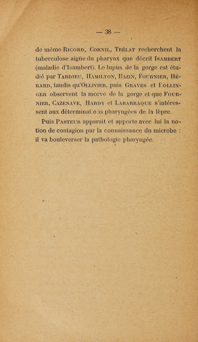 de même Ricord, Cornil, Trélat recherchent la tuberculose aigue du pharynx que décrit Isambert (maladie d’Isambert). lu lupus de la gorge est étu¬ dié par Tardieu, TIamilton, Bazin, Fournier, IIé- rard, tandis qu’OuuviER, puis Graves et Eollin- ger observent la morve delà gorge et que Four¬ nier, Cazenave, Hardy et Labarraque s'intéres¬ sent aux déterminations pharyngées de la lèpre. Puis Pasteur apparaît et apporte avec lui la no¬ tion de contagion par la connaissance du microbe : il va bouleverser la pathologie pharyngée.