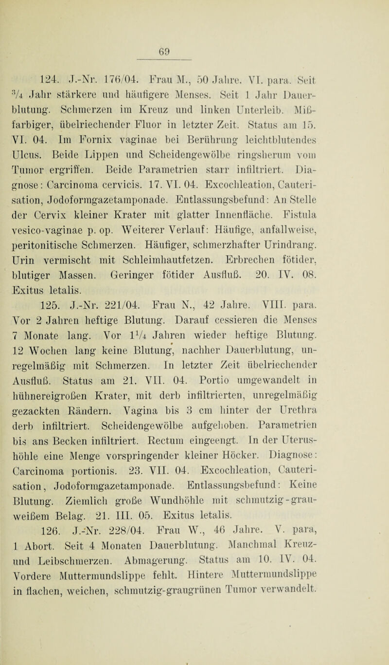 124. J.-Nr. 176/04. Frau M., 50 Jalire. VI. para. Seit Jahr stärkere und häufigere Menses. Seit 1 Jahr Dauer¬ blutung. Schmerzen im Kreuz und linken Unterleib. Miß- farbiger, übelriechender Fluor in letzter Zeit. Status am 15. VI. 04. Im Fornix vaginae bei Berührung leichtblutendes Ulcus. Beide Lippen und Scheidengewölbe ringsherum vom Tumor ergriffen. Beide Parametrien starr infiltriert. Dia¬ gnose: Carcinoma cervicis. 17. VI. 04. Excochleation, Cauteri- sation, Jodoformgazetamponade. Entlassungsbefund: Anstelle der Cervix kleiner Krater mit glatter Innenfläche. Fistula vesico-vaginae p. op. Weiterer Verlauf: Häufige, anfallweise, peritonitische Schmerzen. Häufiger, schmerzhafter Urindrang. Urin vermischt mit Schleimhautfetzen. Erbrechen fötider, blutiger Massen. Geringer fötider Ausfluß. 20. IV. 08. Exitus letalis. 125. J.-Nr. 221/04. Frau N., 42 Jahre. VIII. para. Vor 2 Jahren heftige Blutung. Darauf cessieren die Menses 7 Monate lang. Vor IßT Jahren wieder heftige Blutung. • 12 Wochen lang keine Blutung, nachher Dauerblutung, un¬ regelmäßig mit Schmerzen. In letzter Zeit übelriechender Ausfluß. Status am 21. VII. 04. Portio umgewandelt in hühnereigroßen Krater, mit derb infiltrierten, unregelmäßig gezackten Rändern. Vagina bis 3 cm hinter der Urethra derb infiltriert. Scheidengewölbe aufgehoben. Parametrien bis ans Becken infiltriert. Rectum eingeengt, ln der Uterus¬ höhle eine Menge vorspringender kleiner Höcker. Diagnose: Carcinoma portionis. 23. VII. 04. Excochleation, Cauteri- sation, Jodoformgazetamponade. Entlassungsbefund: Keine Blutung. Ziemlich große Wundhöhle mit schmutzig - grau¬ weißem Belag. 21. III. 05. Exitus letalis. 126. J.-Nr. 228/04. Frau W., 46 Jahre. V. para, 1 Abort. Seit 4 Monaten Dauerblutung. Manchmal Kreuz- und Leibschmerzen. Abmagerung. Status am 10. IY. 04. Vordere Muttermundslippe fehlt. Hintere Muttermundslippe in flachen, weichen, schmutzig-graugrünen Tumor verwandelt.