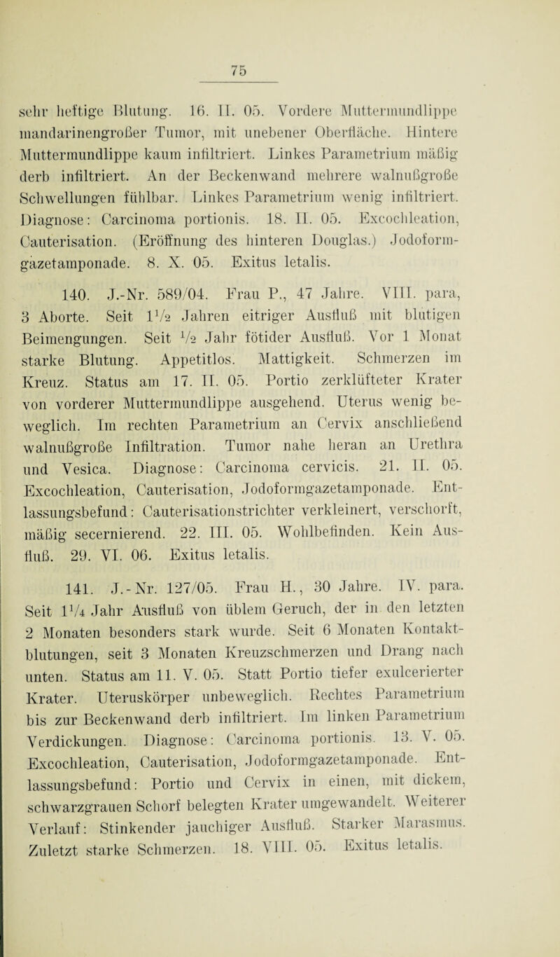 sehr heftige Blutung. 16. II. 05. Vordere Muttermundlippe mandarinengroßer Tumor, mit unebener Oberfläche. Hintere Muttermundlippe kaum infiltriert. Linkes Parametrium mäßig derb infiltriert. An der Beckenwand mehrere walnußgroße Schwellungen fühlbar. Linkes Parametrium wenig infiltriert. Diagnose: Carcinoma portionis. 18. II. 05. Excochleation, Cauterisation. (Eröffnung des hinteren Douglas.) Jodoform¬ gazetamponade. 8. X. 05. Exitus letalis. 140. J.-Nr. 589/04. Frau P., 47 Jahre, VIII. para, 3 Aborte. Seit IV2 Jahren eitriger Ausfluß mit blutigen Beimengungen. Seit V2 Jahr fötider Ausfluß. Vor 1 Monat starke Blutung. Appetitlos. Mattigkeit. Schmerzen im Kreuz. Status am 17. II. 05. Portio zerklüfteter Krater von vorderer Muttermundlippe ausgehend. Uterus wenig be¬ weglich. Im rechten Parametrium an Cervix anschließend walnußgroße Infiltration. Tumor nahe heran an Urethra und Vesica. Diagnose: Carcinoma cervicis. 21. II. 05. Excochleation, Cauterisation, Jodoformgazetamponade. Ent¬ lassungsbefund: Cauterisationstrichter verkleinert, verschärft, mäßig secernierend. 22. III. 05. Wohlbefinden. Kein Aus¬ fluß. 29. VI. 06. Exitus letalis. 141. J.-Nr. 127/05. Frau H., 30 Jahre. IV. para. Seit 1V4 Jahr Ausfluß von üblem Geruch, der in den letzten 2 Monaten besonders stark wurde. Seit 6 Monaten Kontakt¬ blutungen, seit 3 Monaten Kreuzschmerzen und Drang nach unten. Status am 11. V. 05. Statt Portio tiefer exulcerierter Krater. Uteruskörper unbeweglich. Rechtes Parametrium bis zur Beckenwand derb infiltriert. Im linken Parametrium Verdickungen. Diagnose: Carcinoma portionis. 13. V. 05. Excochleation, Cauterisation, Jodoformgazetamponade. Ent¬ lassungsbefund: Portio und Cervix in einen, mit dickem, schwarzgrauen Schorf belegten Krater umgewandelt. Weiteiei Verlauf: Stinkender jauchiger Ausfluß. Starker Maiasmus. Zuletzt starke Schmerzen. 18. VIII. 05. Exitus letalis.