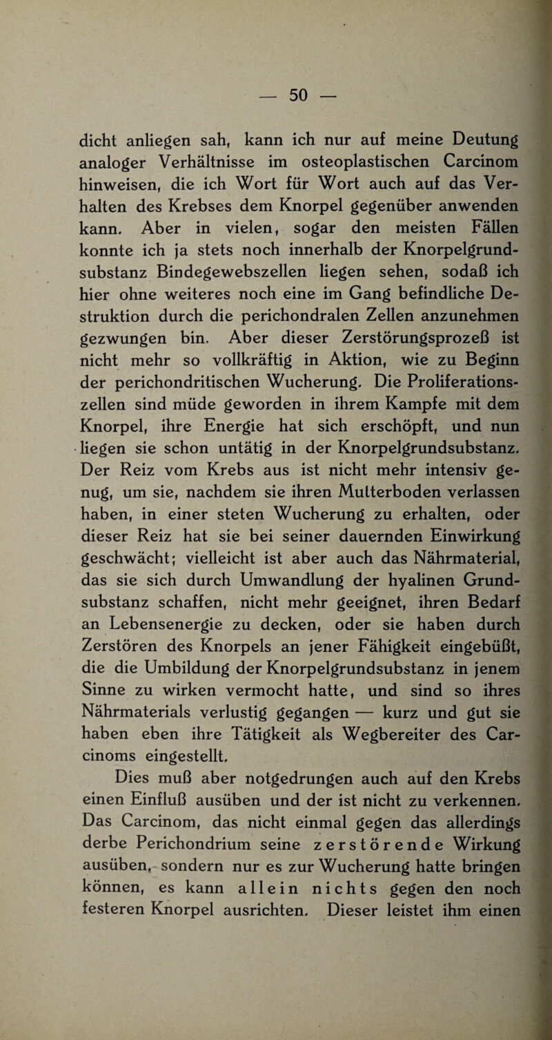 dicht anliegen sah, kann ich nur auf meine Deutung analoger Verhältnisse im osteoplastischen Carcinom hinweisen, die ich Wort für Wort auch auf das Ver¬ halten des Krebses dem Knorpel gegenüber anwenden kann. Aber in vielen, sogar den meisten Fällen konnte ich ja stets noch innerhalb der Knorpelgrund¬ substanz Bindegewebszellen liegen sehen, sodaß ich hier ohne weiteres noch eine im Gang befindliche De¬ struktion durch die perichondralen Zellen anzunehmen gezwungen bin. Aber dieser Zerstörungsprozeß ist nicht mehr so vollkräftig in Aktion, wie zu Beginn der perichondritischen Wucherung. Die Proliferations¬ zellen sind müde geworden in ihrem Kampfe mit dem Knorpel, ihre Energie hat sich erschöpft, und nun liegen sie schon untätig in der Knorpelgrundsubstanz. Der Reiz vom Krebs aus ist nicht mehr intensiv ge¬ nug, um sie, nachdem sie ihren Mutterboden verlassen haben, in einer steten Wucherung zu erhalten, oder dieser Reiz hat sie bei seiner dauernden Einwirkung geschwächt; vielleicht ist aber auch das Nährmaterial, das sie sich durch Umwandlung der hyalinen Grund¬ substanz schaffen, nicht mehr geeignet, ihren Bedarf an Lebensenergie zu decken, oder sie haben durch Zerstören des Knorpels an jener Fähigkeit eingebüßt, die die Umbildung der Knorpelgrundsubstanz in jenem Sinne zu wirken vermocht hatte, und sind so ihres Nährmaterials verlustig gegangen — kurz und gut sie haben eben ihre Tätigkeit als Wegbereiter des Car- cinoms eingestellt. Dies muß aber notgedrungen auch auf den Krebs einen Einfluß ausüben und der ist nicht zu verkennen. Das Carcinom, das nicht einmal gegen das allerdings derbe Perichondrium seine zerstörende Wirkung ausüben, sondern nur es zur Wucherung hatte bringen können, es kann allein nichts gegen den noch festeren Knorpel ausrichten. Dieser leistet ihm einen