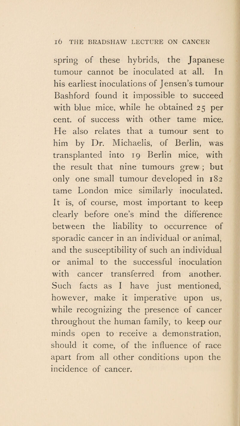 Spring of these hybrids, the Japanese tumour cannot be inoculated at all. In his earliest inoculations of Jensen’s tumour Bashford found it impossible to succeed with blue mice, while he obtained 25 per cent, of success with other tame mice. He also relates that a tumour sent to him by Dr. Michaelis, of Berlin, was transplanted into 19 Berlin mice, with the result that nine tumours grew; but only one small tumour developed in 182 tame London mice similarly inoculated. It is, of course, most important to keep clearly before one’s mind the difference between the liability to occurrence of sporadic cancer in an individual or animal, and the susceptibility of such an individual or animal to the successful inoculation with cancer transferred from another. Such facts as I have just mentioned, however, make it imperative upon us, while recognizing the presence of cancer throughout the human family, to keep our minds open to receive a demonstration, should it come, of the influence of race apart from all other conditions upon the incidence of cancer.