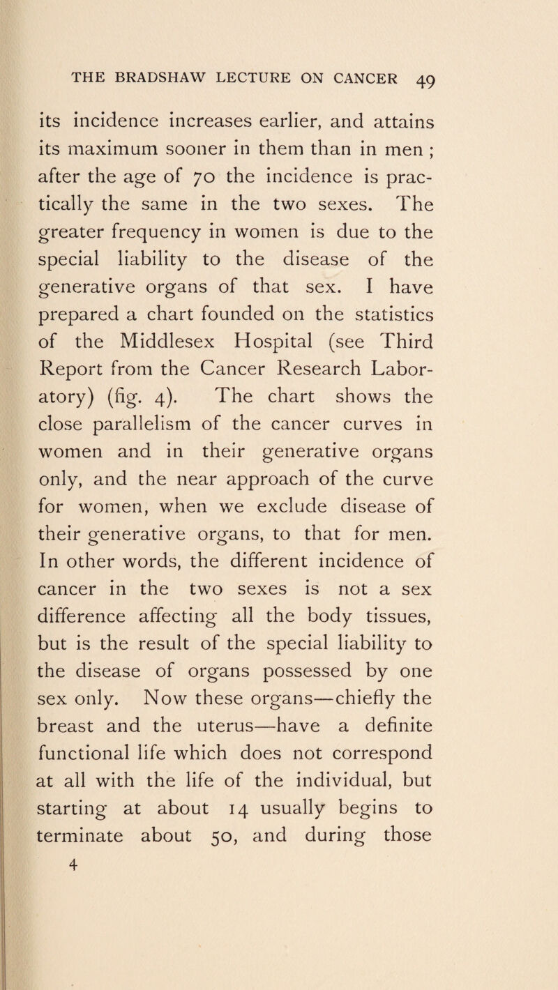its incidence increases earlier, and attains its maximum sooner in them than in men ; after the age of 70 the incidence is prac¬ tically the same in the two sexes. The greater frequency in women is due to the special liability to the disease of the generative organs of that sex. I have prepared a chart founded on the statistics of the Middlesex Hospital (see Third Report from the Cancer Research Labor¬ atory) (fig. 4). The chart shows the close parallelism of the cancer curves in women and in their generative organs only, and the near approach of the curve for women, when we exclude disease of their generative organs, to that for men. In other words, the different incidence of cancer in the two sexes is not a sex difference affecting all the body tissues, but is the result of the special liability to the disease of organs possessed by one sex only. Now these organs—chiefly the breast and the uterus—have a definite functional life which does not correspond at all with the life of the individual, but starting at about 14 usually begins to terminate about 50, and during those 4