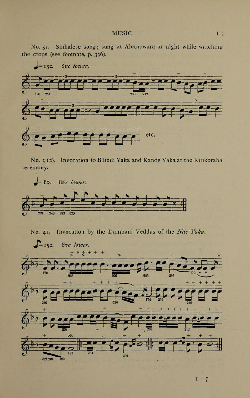 No. 51. Sinhalese song; sung at Alutnuwara at night while watching the crops (see footnote, p. 356). J=i32. 8ve lower. 1 u u lFF No. 5 (2). Invocation to Bilindi Yaka and Kande Yaka at the Kirikoraha ceremony. = 80. 8ve lower. 224 246 272 320 No. 41. Invocation by the Dambani Veddas of the Nae Yaku. ^=152. 8ve lower. 232 204 192 i—7