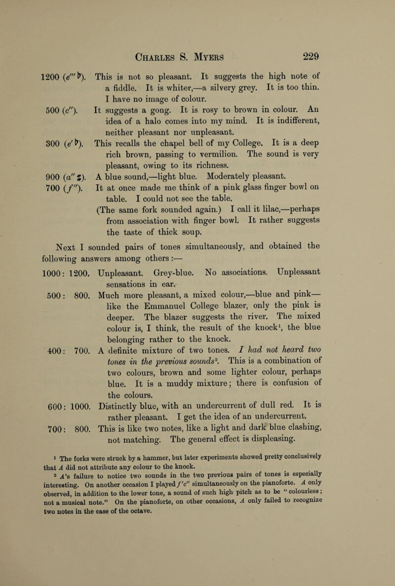 1200 (e'b). 500 (c). 300 (e'b 900 (a #). 700 (/). This is not so pleasant. It suggests the high note of a fiddle. It is whiter,—a silvery grey. It is too thin. I have no image of colour. It suggests a gong. It is rosy to brown in colour. An idea of a halo comes into my mind. It is indifferent, neither pleasant nor unpleasant. This recalls the chapel bell of my College. It is a deep rich brown, passing to vermilion. The sound is very pleasant, owing to its richness. A blue sound,—light blue. Moderately pleasant. It at once made me think of a pink glass finger bowl on table. I could not see the table. (The same fork sounded again.) I call it lilac,—perhaps from association with finger bowl. It rather suggests the taste of thick soup. Next I sounded pairs of tones simultaneously, and obtained the following answers among others:— 1000: 1200. 500: 800. 400: 700. 600: 1000. 700: 800. Unpleasant. Grey-blue. No associations. Unpleasant sensations in ear^ Much more pleasant, a mixed colour,—blue and pink— like the Emmanuel College blazer, only the pink is deeper. The blazer suggests the river. The mixed colour is, I think, the result of the knock1, the blue belonging rather to the knock. A definite mixture of two tones. I had not heard two tones in the previous sounds2. This is a combination of two colours, brown and some lighter colour, perhaps blue. It is a muddy mixture; there is confusion of the colours. Distinctly blue, with an undercurrent of dull red. It is rather pleasant. I get the idea of an undercurrent. This is like two notes, like a light and dark blue clashing, not matching. The general effect is displeasing. 1 The forks were struck by a hammer, but later experiments showed pretty conclusively that A did not attribute any colour to the knock. 2 ^4’s failure to notice two sounds in the two previous pairs of tones is especially interesting. On another occasion I played f'c simultaneously on the pianoforte. A only observed, in addition to the lower tone, a sound of such high pitch as to be colourless, not a musical note.” On the pianoforte, on other occasions, A only failed to recognize two notes in the case of the octave.