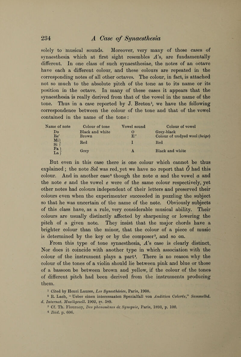 solely to musical sounds. Moreover, very many of those cases of synaesthesia which at first sight resembles M’s, are fundamentally different. In one class of such synaesthesiae, the notes of an octave have each a different colour, and these colours are repeated in the corresponding notes of all other octaves. The colour, in fact, is attached not so much to the absolute pitch of the tone as to its name or its position in the octave. In many of these cases it appears that the synaesthesia is really derived from that of the vowel in the name of the tone. Thus in a case reported by J. Breton1, we have the following correspondence between the colour of the tone and that of the vowel contained in the name of the tone: Name of note Do Re' Mi1 Si Fa La Colour of tone Black and white Brown Red Grey Vowel sound 0 E I A Colour of vowel Grey-black Colour of undyed wool [beige) Red Black and white But even in this case there is one colour which cannot be thus • ^ explained ; the note Sol was red, yet we have no report that 0 had this colour. And in another case2 though the note a and the vowel a and the note e and the vowel e were of the same colour respectively, yet other notes had colours independent of their letters and preserved their colours even when the experimenter succeeded in puzzling the subject so that he was uncertain of the name of the note. Obviously subjects of this class have, as a rule, very considerable musical ability. Their colours are usually distinctly affected by sharpening or lowering the pitch of a given note. They insist that the major chords have a brighter colour than the minor, that the colour of a piece of music is determined by the key or by the composer3, and so on. From this type of tone synaesthesia, M’s case is clearly distinct. Nor does it coincide with another type in which association with the colour of the instrument plays a part4. There is no reason why the colour of the tones of a violin should lie between pink and blue or those of a bassoon be between brown and yellow, if the colour of the tones of different pitch had been derived from the instruments producing them. 1 Cited by Henri Laures, Les Synesthesies, Paris, 1908. 2 R. Lach, “ Ueber einen interessaaten Spezialfall von Audition Coloree,” Sammelbd. d. Internat. Musikgesell. 1902, iv. 589. 3 Cf. Th. Flournoy, Des phenornenes de Synopsie, Paris, 1893, p. 100. 4 Ibid. p. 600.