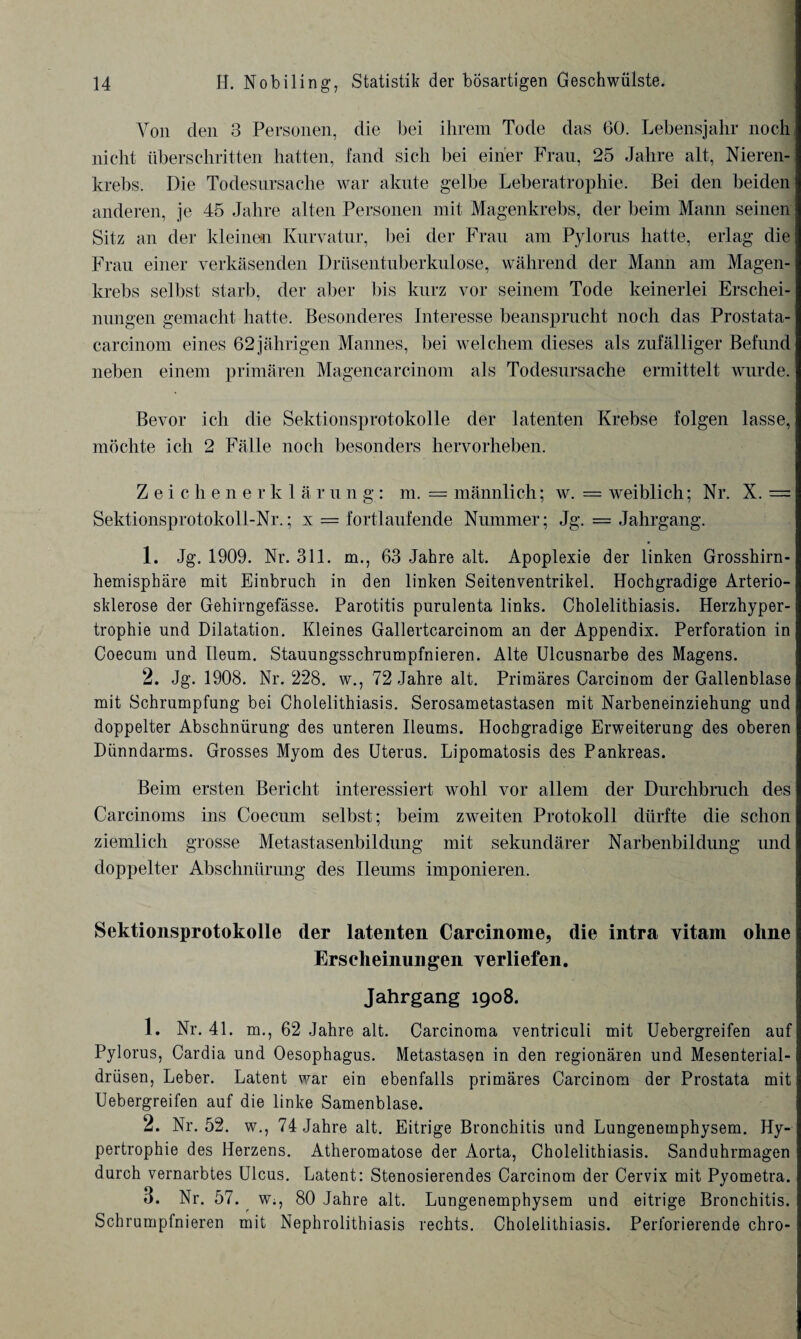 Von den 3 Personen, die bei ihrem Tode das 60. Lebensjahr noch nicht überschritten hatten, fand sich bei einer Frau, 25 Jahre alt, Nieren¬ krebs. Die Todesursache war akute gelbe Leberatrophie. Bei den beiden anderen, je 45 Jahre alten Personen mit Magenkrebs, der beim Mann seinen Sitz an der kleinen Kurvatur, bei der Frau am Pylorus hatte, erlag die Frau einer verkäsenden Drüsentuberkulose, während der Mann am Magen¬ krebs selbst starb, der aber bis kurz vor seinem Tode keinerlei Erschei¬ nungen gemacht hatte. Besonderes Interesse beansprucht noch das Prostata- carcinom eines 62 jährigen Mannes, bei welchem dieses als zufälliger Befund neben einem primären Magencarcinom als Todesursache ermittelt wurde. Bevor ich die Sektionsprotokolle der latenten Krebse folgen lasse, möchte ich 2 Fälle noch besonders hervorheben. Zeichenerklä r u n g : m. == männlich; w. = weiblich; Nr. X. = Sektionsprotokoll-Nr.; x = fortlaufende Nummer; Jg. = Jahrgang. 1. Jg. 1909. Nr. 311. m., 63 Jahre alt. Apoplexie der linken Grosshirn¬ hemisphäre mit Einbruch in den linken Seitenventrikel. Hochgradige Arterio¬ sklerose der Gehirngefässe. Parotitis purulenta links. Cholelithiasis. Herzhyper¬ trophie und Dilatation. Kleines Gallertcarcinom an der Appendix. Perforation in Coecum und lleum. Stauungsschrumpfnieren. Alte Ulcusnarbe des Magens. 2. Jg. 1908. Nr. 228. w., 72 Jahre alt. Primäres Carcinom der Gallenblase mit Schrumpfung bei Cholelithiasis. Serosametastasen mit Narbeneinziehung und doppelter Abschnürung des unteren Ileums. Hochgradige Erweiterung des oberen Dünndarms. Grosses Myom des Uterus. Lipomatosis des Pankreas. Beim ersten Bericht interessiert wohl vor allem der Durchbruch des Carcinoms ins Coecum selbst; beim zweiten Protokoll dürfte die schon ziemlich grosse Metastasenbildung mit sekundärer Narbenbildung und doppelter Abschnürung des Ileums imponieren. Sektionsprotokolle der latenten Carcinome, die intra vitam ohne Erscheinungen verliefen. Jahrgang 1908. 1. Nr. 41. m., 62 Jahre alt. Carcinoma ventriculi mit Uebergreifen auf Pylorus, Cardia und Oesophagus. Metastasen in den regionären und Mesenterial¬ drüsen, Leber. Latent war ein ebenfalls primäres Carcinom der Prostata mit Uebergreifen auf die linke Samenblase. 2. Nr. 52. w., 74 Jahre alt. Eitrige Bronchitis und Lungenemphysem. Hy¬ pertrophie des Herzens. Atheromatose der Aorta, Cholelithiasis. Sanduhrmagen durch vernarbtes Ulcus. Latent: Stenosierendes Carcinom der Cervix mit Pyometra. 3. Nr. 57. w;, 80 Jahre alt. Lungenemphysem und eitrige Bronchitis. Schrumpfnieren mit Nephrolithiasis rechts. Cholelithiasis. Perforierende chro-