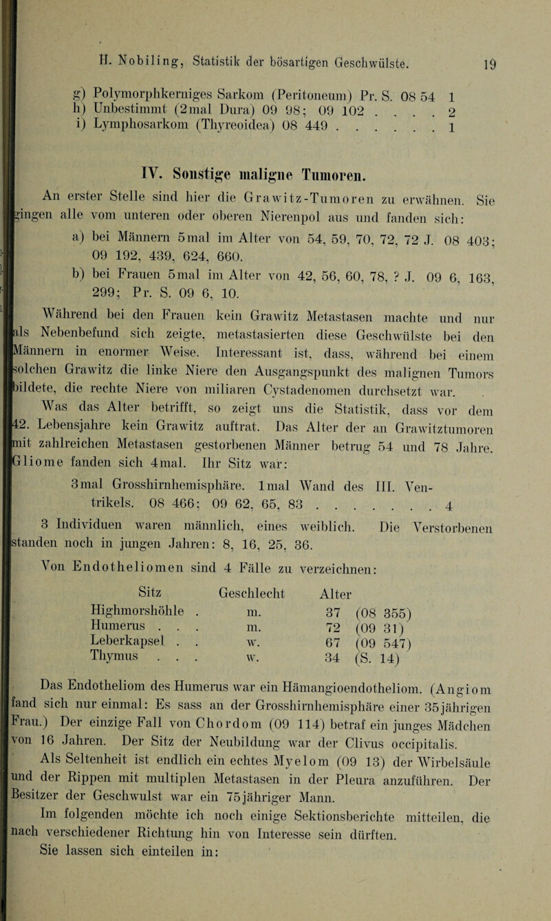 g) Polymorphkerniges Sarkom (Peritoneum) Pr. S. 08 54 1 h) Unbestimmt (2mal Dura) 09 98; 09 102 .... 2 i) Lymphosarkom (Thyreoidea) 08 449 .1 IV. Sonstige maligne Tumoren. An erster Stelle sind hier die Grawitz-Tumoren zu erwähnen. Sie gingen alle vom unteren oder oberen Nierenpol aus und fanden sich: a) bei Männern 5mal im Alter von 54, 59, 70, 72, 72 J. 08 403; 09 192, 439, 624, 660. b) bei Frauen 5mal im Alter von 42, 56, 60, 78, ? J. 09 6. 163, 299; Pr. S. 09 6, 10. Während bei den Frauen kein Grawitz Metastasen machte und nur ds Nebenbefund sich zeigte, metastasierten diese Geschwülste bei den lännern in enormer Weise. Interessant ist, dass, während bei einem solchen Grawitz die linke Niere den Ausgangspunkt des malignen Tumors nldete, die rechte Niere von miliaren Cystadenomen durchsetzt war. Was das Alter betrifft, so zeigt uns die Statistik, dass vor dem 12. Lebensjahre kein Grawitz auftrat. Das Alter der au Grawitztumoren lit zahlreichen Metastasen gestorbenen Männer betrug 54 und 78 Jahre. Iliome fanden sich 4mal. Ihr Sitz war: 3 mal Grosshirnhemisphäre, lmal Wand des III. Ven¬ trikels. 08 466; 09 62, 65, 83 .4 3 Individuen waren männlich, eines weiblich. Die Verstorbenen [standen noch in jungen Jahren: 8, 16, 25, 36. Von Endotheliomen sind 4 Fälle zu verzeichnen: Sitz Highmorshöhle Humerus . Leberkapsel . Thymus Geschlecht m. m. w. w. Alter 37 (08 355) 72 (09 31) 67 (09 547) 34 (S. 14) Das Endotheliom des Humerus war ein Hämangioendotheliom. (Angiom fand sich nur einmal: Es sass an der Grosshirnhemisphäre einer 35jährigen Frau.) Der einzige Fall von Chordom (09 114) betraf ein junges Mädchen |von 16 Jahren. Der Sitz der Neubildung war der Clivus occipitalis. Als Seltenheit ist endlich ein echtes Myelom (09 13) der Wirbelsäule [und der Rippen mit multiplen Metastasen in der Pleura anzuführen. Der Besitzer der Geschwulst war ein 75jähriger Mann. Im folgenden möchte ich noch einige Sektionsberichte mitteilen, die nach verschiedener Richtung hin von Interesse sein dürften. Sie lassen sich einteilen in: