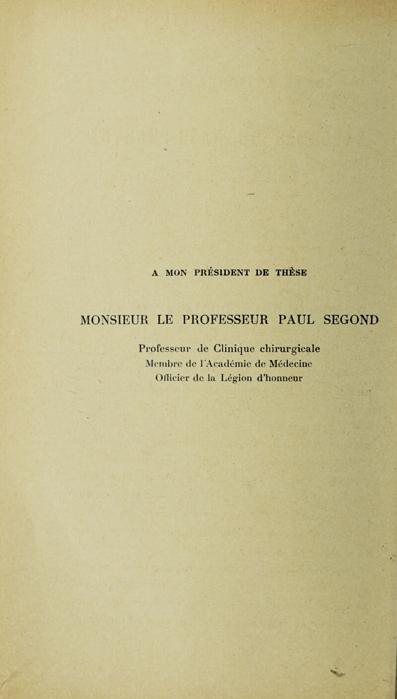 A MON PRÉSIDENT DE THÈSE MONSIEUR LE PROFESSEUR PAUL SEGOND Professeur de Clinique chirurgicale Membre de l'Académie de Médecine Officier de la Légion d’honneur