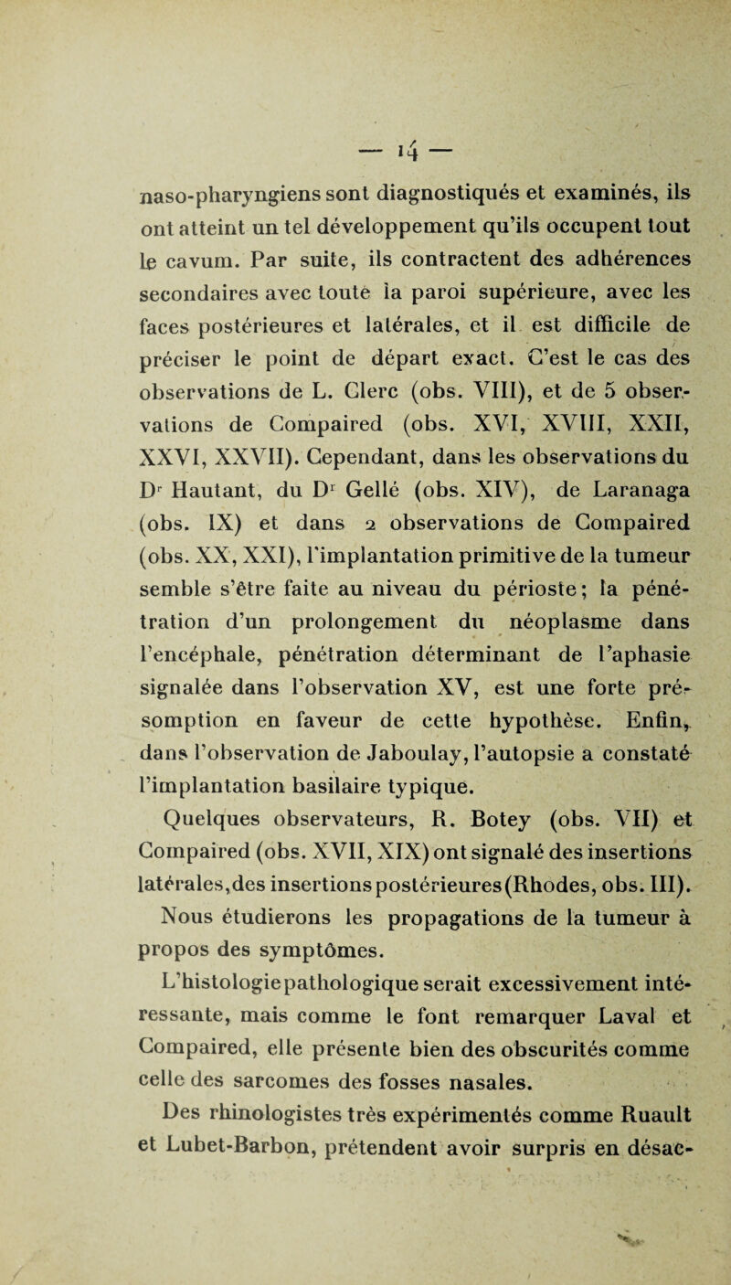 naso-pharyngiens sont diagnostiqués et examinés, ils ont atteint un tel développement qu’ils occupent tout le cavum. Par suite, ils contractent des adhérences secondaires avec toute la paroi supérieure, avec les faces postérieures et latérales, et il est difficile de préciser le point de départ exact. C’est le cas des observations de L. Clerc (obs. VIII), et de 5 obser¬ vations de Compaired (obs. XVI, XVIII, XXII, XXVI, XXVII). Cependant, dans les observations du Dr Hautant, du Dr Gellé (obs. XIV), de Laranaga (obs. IX) et dans 2 observations de Compaired (obs. XX, XXI), l'implantation primitive de la tumeur semble s’être faite au niveau du périoste ; la péné¬ tration d’un prolongement du néoplasme dans l’encéphale, pénétration déterminant de l’aphasie signalée dans l’observation XV, est une forte prér somption en faveur de cette hypothèse. Enfin, dans l’observation de Jaboulay, l’autopsie a constaté l’implantation basilaire typique. Quelques observateurs, R. Botey (obs. VII) et Compaired (obs. XVII, XIX) ont signalé des insertions latérales,des insertionspostérieures(Rhodes, obs. III). Nous étudierons les propagations de la tumeur à propos des symptômes. L’histologie pathologique serait excessivement inté¬ ressante, mais comme le font remarquer Laval et Compaired, elle présente bien des obscurités comme celle des sarcomes des fosses nasales. Des rhinologistes très expérimentés comme Ruault et Lubet-Barbon, prétendent avoir surpris en désac-