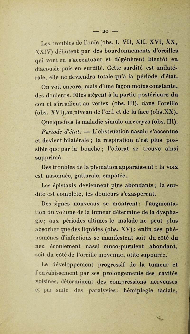 XXIV) débutent par des bourdonnements d’oreilles qui vont en s’accentuant et dégénèrent bientôt en diacousie puis en surdité. Cette surdité est unilaté¬ rale, elle ne deviendra totale qu’à la période d’état. On voit encore, mais d’une façon moins constante, des douleurs. Elles siègent à la partie postérieure du i - ■ cou et s’irradient au vertex (obs. III), dans l’oreille (obs. XVI),au.niveau de l’œil et de la face (obs.XX). Quelquefois la maladie simule un coryza (obs. III). Période (Tétât. — L’obstruction nasale s’accentue et devient bilatérale ; la respiration n’est plus pos¬ sible que par la bouche ; l’odorat se trouve ainsi supprimé. Des troubles de la phonation apparaissent : la voix est nasonnée, gutturale, empâtée. Les épistaxis deviennent plus abondants; la sur¬ dité est complète, les douleurs s’exaspèrent. Des signes nouveaux se montrent : l’augmenta¬ tion du volume de la tumeur détermine de la dyspha¬ gie; aux périodes ultimes le malade ne peut plus absorber que des liquides (obs. XV) ; enfin des phé¬ nomènes d’infections se manifestent soit du côté du nez, écoulement nasal muco-purulent abondant, soit du côté de l’oreille moyenne, otite suppurée. Le développement progressif de la tumeur et l’envahissement par ses prolongements des cavités voisines, déterminent des compressions nerveuses et par suite des paralysies : hémiplégie faciale,