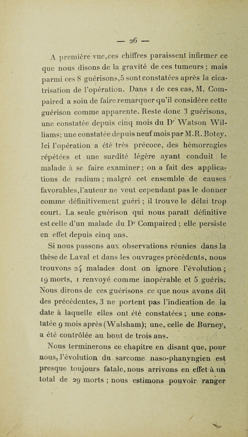 A première vue,ces chiffres paraissent infirmer ce que nous disons de la gravité de ces tumeurs ; mais parmi ces 8 guérisons,5 sont constatées après la cica¬ trisation de l’opération. Dans i de ces cas, M. Com- paired a soin de faire remarquer qu’il considère cette guérison comme apparente. Reste donc 3 guérisons, une constatée depuis cinq mois du Dr Watson Wil¬ liams; une constatée depuis neuf mois par M.R. Botey. Ici l’opération a été très précoce, des hémorragies répétées et une surdité légère ayant conduit le malade à se faire examiner ; on a fait des applica- tions de radium ; malgré cet ensemble de causes favorables,l’auteur ne veut cependant pas le donner comme définitivement guéri ; il trouve le délai trop court. La seule guérison qui nous paraît définitive est celle d’un malade du Br Gompaired ; elle persiste en effet depuis cinq ans. Si nous passons aux observations réunies dans la thèse de Laval et dans les ouvrages précédents, nous trouvons 24 malades dont on ignore l’évolution; 19 morts, 1 renvoyé comme inopérable et 5 guéris. Nous dirons de ces guérisons ce que nous avons dit des précédentes, 3 ne portent pas l’indication de la date à laquelle elles ont été constatées ; une cons¬ tatée 9 mois après (Walsham); une, celle de Burney, a été contrôlée au bout de trois ans. Nous terminerons ce chapitre en disant que, pour nous, l’évolution du sarcome naso-phanyngien est t presque toujours fatale, nous arrivons en effet à un total de 29 morts ; nous estimons pouvoir ranger