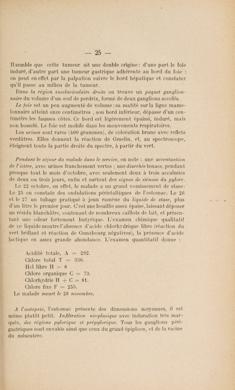 Il semble que cette tumeur ait une double origine: d’une part le foie induré, d’autre part une tumeur gastrique adhérente au bord du foie : on peut en effet par la palpation suivre le bord hépatique et constater qu’il passe au milieu de la tumeur. Dans la région susclaviculairt droite on trouve un paquet ganglion¬ naire du volume d’un œuf de perdrix, formé de deux ganglions accolés. Le joie est un peu augmenté de volume: sa matité sur la ligne mame- lonnaire atteint onze centimètres , son bord inférieur, dépasse d’un cen¬ timètre les fausses côtes. Ce bord est légèrement épaissi, induré, mais non bosselé. Le foie est mobile dans les mouvements respiratoires. Les urines sont rares (400 grammes), de coloration brune avec reflets verdâtres. Elles donnent la réaction de Gmelin, et, au spectroscope, éteignent toute la partie droite du spectre, à partir du vert. Pendant le séjour du malade dans le service, on note : une accentuation de l'ictère, avec urines franchement vertes ; une diarrhée tenace, pendant presque tout le mois d’octobre, avec seulement deux à trois accalmies de deux ou trois jours, enfin et surtout des signes de sténose du pylore. Le 22 octobre, en effet, le malade a un grand vomissement de stase- Le 25 on constate des ondulations péristaltiques de l’estomac. Le 26 et le 27 un tubage pratiqué à jeun ramène du liquide de stase, plus d'un litre le premier jour. C’est une bouillie assez épaise, laissant déposer un résidu blanchâtre, contenant de nombreux caillots de lait, et présen¬ tant une odeur fortement butyrique. L’examen chimique qualitatif de ce liquide montre l’absence d’acide chlorhydrique libre (réaction du vert brillant et réaction de Gunzbourg négatives), la présence d’acide lactique en assez grande abondance. L’examen quantitatif donne : Acidité totale, A — 292. Chlore total T = 336. H cl libre H = 8 Chlore organique C = 73. Chlorhvdrie H + C = 81. Chlore fixe F = 255. Le malade meurt le 28 novembre. A Vautopsie, l’estomac présente des dimensions moyennes, il est même plutôt petit. Infiltration néoplasique avec induration très mar¬ quée, des régions pylorique et prépylorique. Tous les ganglions péri- gastriques sont envahis ainsi que ceux du grand épiploon, et de la racine du mésentère.