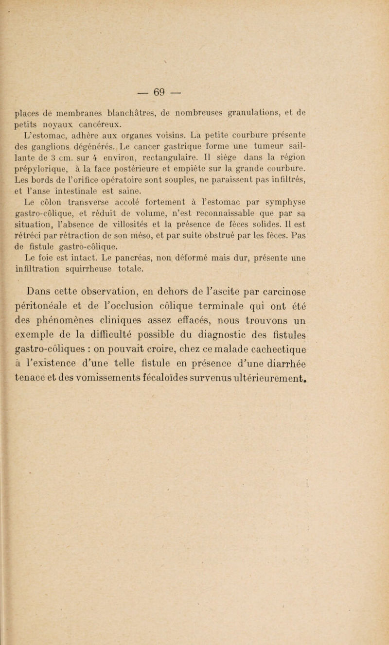 \ — 69 — places de membranes blanchâtres, de nombreuses granulations, et de petits noyaux cancéreux. L’estomac, adhère aux organes voisins. La petite courbure présente des ganglions dégénérés. Le cancer gastrique forme une tumeur sail¬ lante de 3 cm. sur 4 environ, rectangulaire. Il siège dans la région prépylorique, à la face postérieure et empiète sur la grande courbure. Les bords de l’orifice opératoire sont souples, ne paraissent pas infiltrés, et l’anse intestinale est saine. Le côlon transverse accolé fortement à l’estomac par symphyse gastro-côlique, et réduit de volume, n’est reconnaissable que par sa situation, l’absence de villosités et la présence de fèces solides. Il est rétréci par rétraction de son méso, et par suite obstrué par les fèces. Pas de fistule gastro-côlique. Le foie est intact. Le pancréas, non déformé mais dur, présente une infiltration squirrheuse totale. Dans cette observation, en dehors de l'ascite par carcinose péritonéale et de l'occlusion colique terminale qui ont été des phénomènes cliniques assez effacés, nous trouvons un exemple de la difficulté possible du diagnostic des fistules gastro-côliques : on pouvait croire, chez ce malade cachectique à l'existence d'une telle fistule en présence d'une diarrhée tenace et des vomissements fécaloïdes survenus ultérieurement.