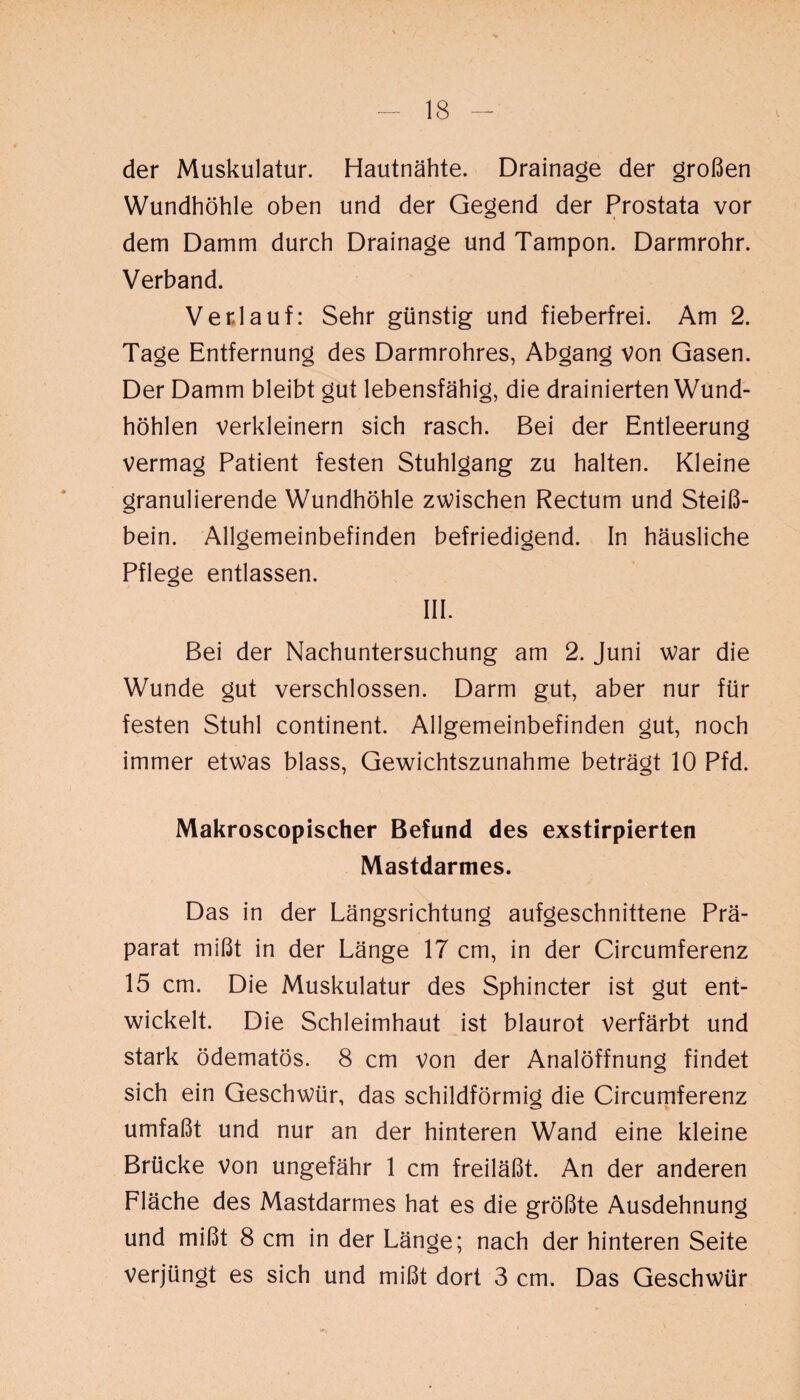 der Muskulatur. Hautnähte. Drainage der großen Wundhöhle oben und der Gegend der Prostata vor dem Damm durch Drainage und Tampon. Darmrohr. Verband. Verlauf: Sehr günstig und fieberfrei. Am 2. Tage Entfernung des Darmrohres, Abgang von Gasen. Der Damm bleibt gut lebensfähig, die drainierten Wund¬ höhlen verkleinern sich rasch. Bei der Entleerung vermag Patient festen Stuhlgang zu halten. Kleine granulierende Wundhöhle zwischen Rectum und Steiß¬ bein. Allgemeinbefinden befriedigend. In häusliche Pflege entlassen. III. Bei der Nachuntersuchung am 2. Juni war die Wunde gut verschlossen. Darm gut, aber nur für festen Stuhl continent. Allgemeinbefinden gut, noch immer etwas blass, Gewichtszunahme beträgt 10 Pfd. Makroscopischer Befund des exstirpierten Mastdarmes. Das in der Längsrichtung aufgeschnittene Prä¬ parat mißt in der Länge 17 cm, in der Circumferenz 15 cm. Die Muskulatur des Sphincter ist gut ent¬ wickelt. Die Schleimhaut ist blaurot verfärbt und stark ödematös. 8 cm von der Analöffnung findet sich ein Geschwür, das schildförmig die Circumferenz umfaßt und nur an der hinteren Wand eine kleine Brücke von ungefähr 1 cm freiläßt. An der anderen Fläche des Mastdarmes hat es die größte Ausdehnung und mißt 8 cm in der Länge; nach der hinteren Seite verjüngt es sich und mißt dort 3 cm. Das Geschwür