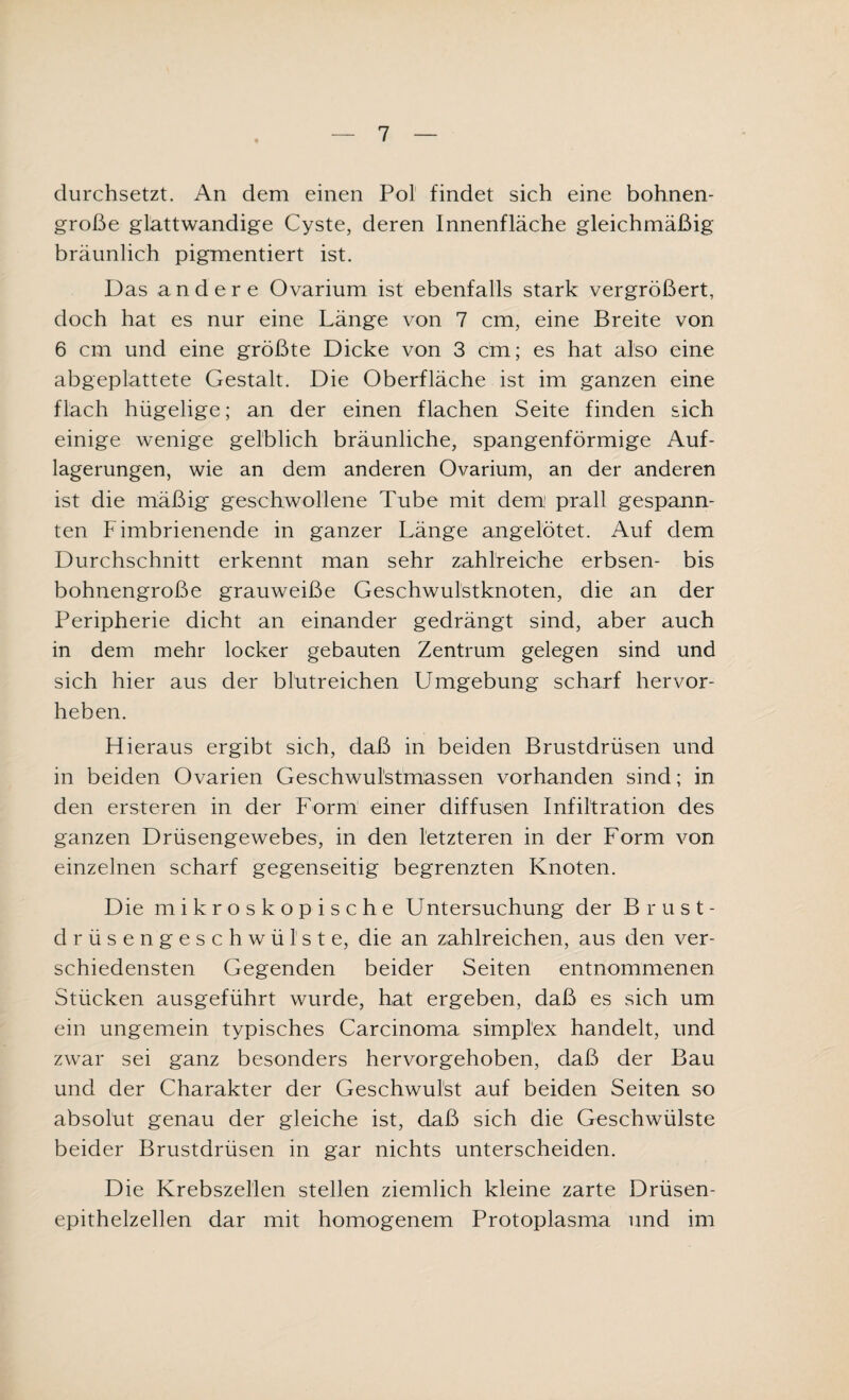 durchsetzt. An dem einen Pol findet sich eine bohnen¬ große glattwandige Cyste, deren Innenfläche gleichmäßig bräunlich pigmentiert ist. Das andere Ovarium ist ebenfalls stark vergrößert, doch hat es nur eine Länge von 7 cm, eine Breite von 6 cm und eine größte Dicke von 3 cm; es hat also eine abgeplattete Gestalt. Die Oberfläche ist im ganzen eine flach hügelige; an der einen flachen Seite finden sich einige wenige gelblich bräunliche, spangenförmige Auf¬ lagerungen, wie an dem anderen Ovarium, an der anderen ist die mäßig geschwollene Tube mit dem prall gespann¬ ten Fimbrienende in ganzer Länge angelötet. Auf dem Durchschnitt erkennt man sehr zahlreiche erbsen- bis bohnengroße grauweiße Geschwulstknoten, die an der Peripherie dicht an einander gedrängt sind, aber auch in dem mehr locker gebauten Zentrum gelegen sind und sich hier aus der blutreichen Umgebung scharf hervor¬ heben. Hieraus ergibt sich, daß in beiden Brustdrüsen und in beiden Ovarien Geschwulstmassen vorhanden sind; in den ersteren in der Form einer diffusen Infiltration des ganzen Drüsengewebes, in den letzteren in der Form von einzelnen scharf gegenseitig begrenzten Knoten. Die mikroskopische Untersuchung der Brust¬ drüsengeschwülste, die an zahlreichen, aus den ver¬ schiedensten Gegenden beider Seiten entnommenen Stücken ausgeführt wurde, hat ergeben, daß es sich um ein ungemein typisches Carcinoma simplex handelt, und zwar sei ganz besonders hervorgehoben, daß der Bau und der Charakter der Geschwulst auf beiden Seiten so absolut genau der gleiche ist, daß sich die Geschwülste beider Brustdrüsen in gar nichts unterscheiden. Die Krebszellen stellen ziemlich kleine zarte Drüsen¬ epithelzellen dar mit homogenem Protoplasma und im