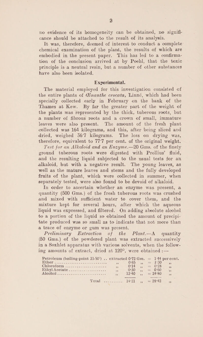 no evidence of its homogeneity can be obtained, no signifi¬ cance should be attached to the result of its analysis. It was, therefore, deemed of interest to conduct a complete chemical examination of the plant, the results of which are embodied in the present paper. This has led to a confirma¬ tion of the conclusion arrived at by Poehl, that the toxic principle is a neutral resin, but a number of other substances have also been isolated. Experimental. The material employed for this investigation consisted of the entire plants of (Enanthe crocata, Linne, which had been specially collected early in February on the bank of the Thames at Kew. By far the greater part of the weight of the plants was represented by the thick, tuberous roots, but a number of fibrous roots and a crown of small, immature leaves were also present. The amount of the fresh plant collected was 164 kilograms, and this, after being sliced and -dried, weighed 36'7 kilograms. The loss on drying was, therefore, equivalent to 77'7 per cent, of the original weight. 'Test for an Alkaloid and an Enzyme.—20 Gms. of the finely ground tuberous roots were digested with Prollius’ fluid, and the resulting liquid subjected to the usual tests for an alkaloid, but with a negative result. The young leaves, as well as the mature leaves and stems and the fully developed fruits of the plant, which were collected in summer, when separately tested, were also found to be devoid of alkaloid. In order to ascertain whether an enzyme was present, a quantity (500 Gms.) of the fresh tuberous roots was crushed and mixed with sufficient water to cover them, and the mixture kept for several hours, after which the aqueous liquid was expressed, and filtered. On adding absolute alcohol to a portion of the liquid so obtained the amount of precipi¬ tate produced was so small as to indicate that not more than a trace of enzyme or gum was present. Preliminary Extraction of the Plant.—A quantity (50 Gms.) of the powdered plant was extracted successively in a Soxhlet apparatus with various solvents, when the follow¬ ing amounts of extract, dried at 120°, were obtained : — Petroleum (boiling-point 33-50°) .. extracted 0-72 Gm. = 144 per cent. Ether. ,, 065 ,, = 1-30 ,, Chloroform. ,, 0T4 ,, = 0-28 ,, Ethyl Acetate. ,, 0*30 ,, = 0'60 ,, Alcohol. ,, 12-40 ,, = 24-80 14-21 ,, = 28-42 „ Total