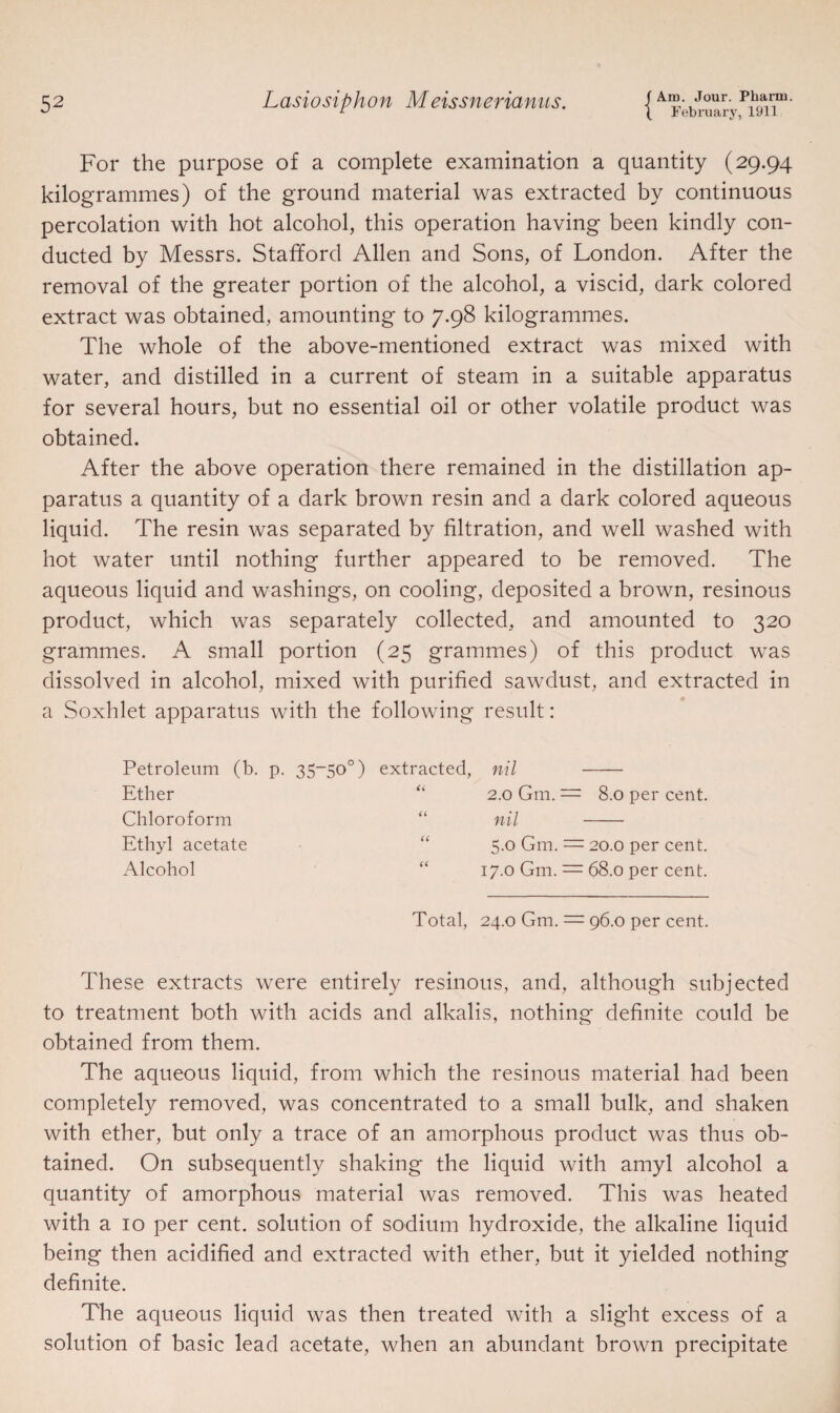 For the purpose of a complete examination a quantity (29.94 kilogrammes) of the ground material was extracted by continuous percolation with hot alcohol, this operation having been kindly con¬ ducted by Messrs. Stafford Allen and Sons, of London. After the removal of the greater portion of the alcohol, a viscid, dark colored extract was obtained, amounting to 7.98 kilogrammes. The whole of the above-mentioned extract was mixed with water, and distilled in a current of steam in a suitable apparatus for several hours, but no essential oil or other volatile product was obtained. After the above operation there remained in the distillation ap¬ paratus a quantity of a dark brown resin and a dark colored aqueous liquid. The resin was separated by filtration, and well washed with hot water until nothing further appeared to be removed. The aqueous liquid and washings, on cooling, deposited a brown, resinous product, which was separately collected, and amounted to 320 grammes. A small portion (25 grammes) of this product was dissolved in alcohol, mixed with purified sawdust, and extracted in a Soxhlet apparatus with the following result: Petroleum (b. p. 35-50°) extracted, nil - Ether “ 2.0 Gm. = 8.0 per cent. Chloroform “ nil - Ethyl acetate Alcohol 5.0 Gm. — 20.0 per cent. 17.0 Gm. = 68.0 per cent. Total, 24.0 Gm. — 96.0 per cent. These extracts were entirely resinous, and, although subjected to treatment both with acids and alkalis, nothing definite could be obtained from them. The aqueous liquid, from which the resinous material had been completely removed, was concentrated to a small bulk, and shaken with ether, but only a trace of an amorphous product was thus ob¬ tained. On subsequently shaking the liquid with amyl alcohol a quantity of amorphous material was removed. This was heated with a 10 per cent, solution of sodium hydroxide, the alkaline liquid being then acidified and extracted with ether, but it yielded nothing definite. The aqueous liquid was then treated with a slight excess of a solution of basic lead acetate, when an abundant brown precipitate
