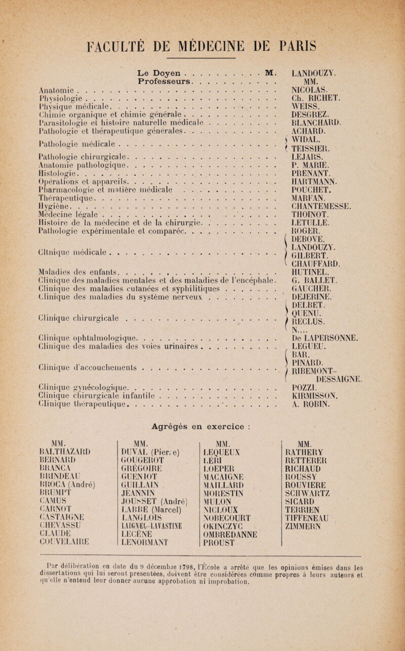 Le Doyen.M. Professeurs. Anatomie. Physiologie. Physique médicale. Chimie organique et chimie générale. Parasitologie et histoire naturelle médicale. Pathologie et thérapeutique générales. Pathologie médicale. Pathologie chirurgicale. Anatomie pathologique. Histologie. Opérations et appareils... Pharmacologie et matière médicale . Thérapeutique. Hygiène. Médecine légale.'. Histoire de la médecine et de la chirurgie. Pathologie expérimentale et comparée. Clinique médicale. Maladies des enfants. .. Clinique des maladies mentales et des maladies de l’encéphale. Clinique des maladies cutanées et syphilitiques. Clinique des maladies du système nerveux. Clinique chirurgicale. Clinique ophtalmologique. Clinique des maladies des voies urinaires Clinique d'accouchements. Clinique gynécologique. Clinique chirurgicale infantile. Clinique thérapeutique. LANDOUZY. MM. NICOLAS. Ch. RICHET. WEISS. DESGREZ. BLANCHARD. ACHARD. ( WIDAL. ( TEISSIER. LEJARS. P. MARIE. PRENANT. HARTMANN. POUCIIET. MARFAN. CHANTEMESSE. THOINOT. LETHLLE. ROGER. ( DEBOVE. 5 LANDOUZY. GILBERT. V CHAUFFARD. HUTINEL. G. BALLET. GAUCHER. DEJERINE. I DELBET. I QUENU. ) RECLUS. ' N.... De LAPERSONNE. LEGUEU. BAR. ) PINARD. I RIBEMONT- ( DESSAIGNE. POZZI. KIRMISSON. A. ROBIN. Agrégés en exercice : MM. MM. MM. MM. BALTHAZARD DUVAL (Pier; e) LEQUEUX RATHERY BERNARD GOUGEROT LÉRI RETTERER BRANCA GRÉGOIRE LOEPER RICHAUD BRINDEAU GUENIOT MACAIGNE ROUSSY BROCA (André) GUILLAIN MAILLARD ROUVIERE BRUMPT JEANNIN MORESTIN SCHWARTZ CAMUS .JOUsSET (André) MULON S1CARD CARNOT LABBÉ (Marcel) MCLOUX TERRIEN CASTAIGNE LANGLOIS NOBECOURT TIFFENEAU CHEVASSU LAIGNEL—LAVASTINE OKINCZYC Z1MMERN CLAUDE LECÊNE OMBREDANNE COUVELAIRE LENORMANT PROUST Par délibération en date du 9 décemb.ie 1798, l’Ecole a arrêté que les opinions émises dans les dissertations qui lui seront présentées, doivent être considérées comme propres à leurs auteurs et qu’elle n’entend leur donner aucune approbation ni improbation.