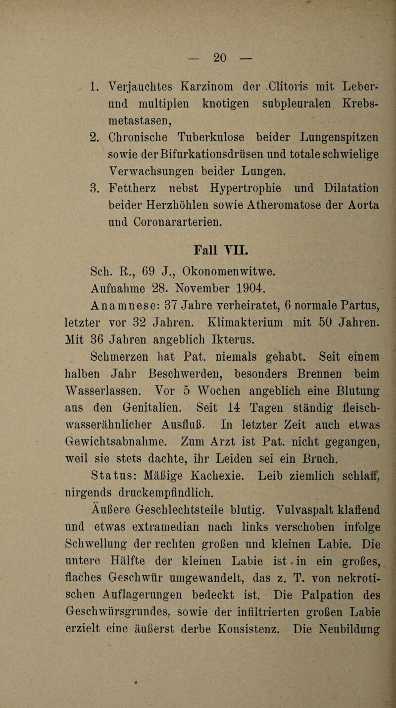 1. Verjauchtes Karzinom der -Clitoris mit Leber¬ und multiplen knotigen subpleuralen Krebs¬ metastasen, 2. Chronische Tuberkulose beider Lungenspitzen sowie derBifurkationsdrüsen und totale schwielige Verwachsungen beider Lungen. 3. Fettherz nebst Hypertrophie und Dilatation beider Herzhöhlen sowie Atheromatose der Aorta und Coronararterien. Fall VII. Sch. R., 69 J., Okonomenwitwe. Aufnahme 28. November 1904. Anamnese: 37 Jahre verheiratet, 6 normale Partus, letzter vor 32 Jahren. Klimakterium mit 50 Jahren. Mit 36 Jahren angeblich Ikterus. Schmerzen hat Pat. niemals gehabt. Seit einem halben Jahr Beschwerden, besonders Brennen beim Wasserlassen. Vor 5 Wochen angeblich eine Blutung aus den Genitalien. Seit 14 Tagen ständig fleisch¬ wasserähnlicher Ausfluß. In letzter Zeit auch etwas Gewichtsabnahme. Zum Arzt ist Pat. nicht gegangen, weil sie stets dachte, ihr Leiden sei ein Bruch. Status: Mäßige Kachexie. Leib ziemlich schlaff, nirgends druckempfindlich. Äußere Geschlechtsteile blutig. Vulvaspalt klaffend und etwas extramedian nach links verschoben infolge Schwellung der rechten großen und kleinen Labie. Die untere Hälfte der kleinen Labie ist . in ein großes, flaches Geschwür umgewandelt, das z. T. von nekroti¬ schen Auflagerungen bedeckt ist. Die Palpation des Geschwürsgrundes, sowie der infiltrierten großen Labie erzielt eine äußerst derbe Konsistenz. Die Neubildung