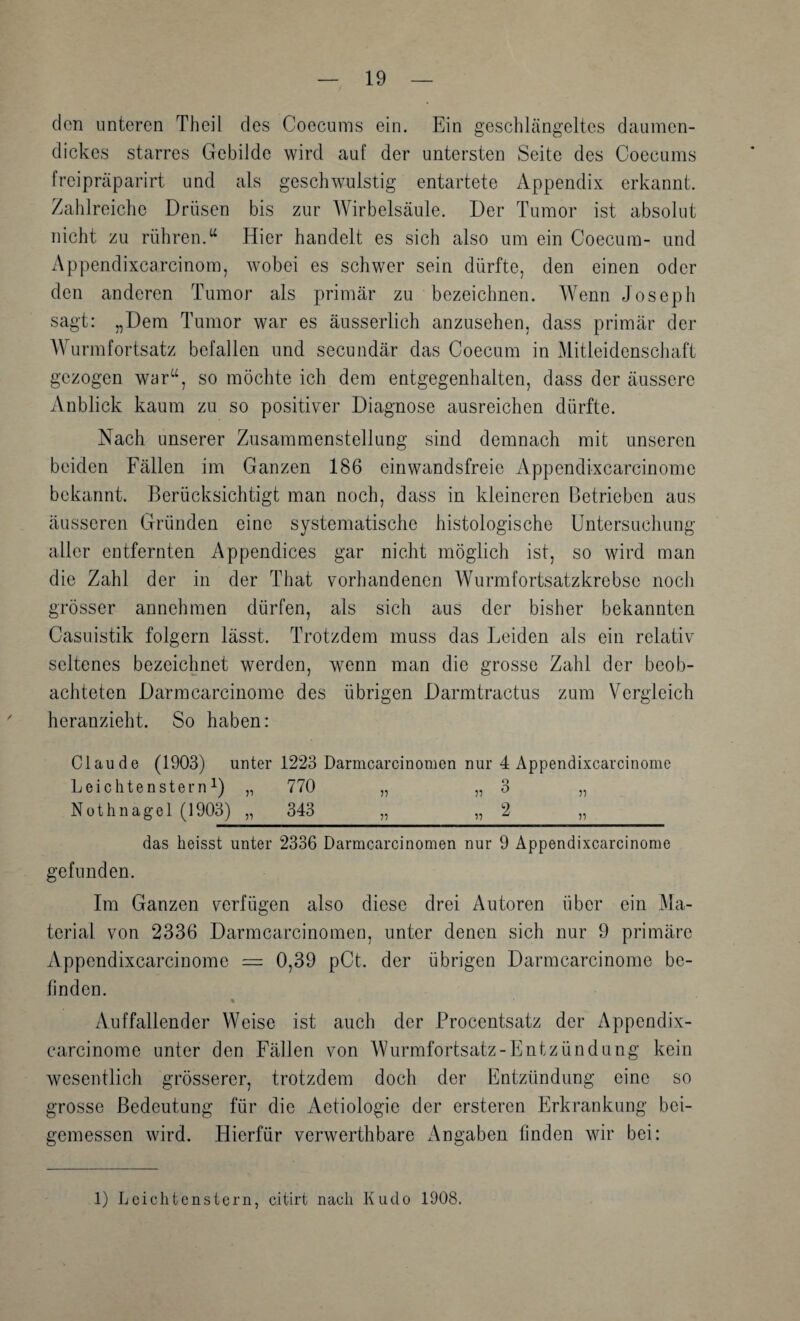 den unteren Theil des Coecums ein. Ein geschlängeltes daumen¬ dickes starres Gebilde wird auf der untersten Seite des Coecums freipräparirt und als geschwulstig entartete Appendix erkannt. Zahlreiche Drüsen bis zur AVirbelsäule. Der Tumor ist absolut nicht zu rühren.Hier handelt es sich also um ein Coecum- und Appendixcarcinom, wobei es schwer sein dürfte, den einen oder den anderen Tumor als primär zu bezeichnen. Wenn Joseph sagt: „Dem Tumor war es äusserlich anzusehen, dass primär der Wurmfortsatz befallen und secundär das Coecum in Mitleidenschaft gezogen war“, so möchte ich dem entgegenhalten, dass der äussere Anblick kaum zu so positiver Diagnose ausreichen dürfte. Nach unserer Zusammenstellung sind demnach mit unseren beiden Fällen im Ganzen 186 einwandsfreie Appendixcarcinome bekannt. Berücksichtigt man noch, dass in kleineren Betrieben aus äusseren Gründen eine systematische histologische Untersuchung- aller entfernten Appendices gar nicht möglich ist, so wird man die Zahl der in der That vorhandenen Wurmfortsatzkrebse noch grösser annehmen dürfen, als sich aus der bisher bekannten Casuistik folgern lässt. Trotzdem muss das Leiden als ein relativ seltenes bezeichnet werden, wenn man die grosse Zahl der beob¬ achteten Darmcarciiiome des übrigen Darmtractus zum Vergleich heranzieht. So haben: Claude (1903) unter 1223 Darmcarcinomen nur 4 Appendixcarcinome L eichten Stern 1) „ 770 „ „ 3 „ Nothnagel (1903) „ 343 „ „ 2 „ das heisst unter 2336 Darmcarcinomen nur 9 Appendixcarcinome gefunden. Im Ganzen verfügen also diese drei Autoren über ein Ma¬ terial von 2336 Darmcarcinomen, unter denen sich nur 9 primäre Appendixcarcinome = 0,39 pCt. der übrigen Darracarcinome be¬ finden. % Auffallender Weise ist auch der Procentsatz der Appendix¬ carcinome unter den Fällen von Wurmfortsatz-Entzündung kein wesentlich grösserer, trotzdem doch der Entzündung eine so grosse Bedeutung für die Aetiologie der ersteren Erkrankung bei¬ gemessen wird. Hierfür verwerthbare Angaben finden wir bei: 1) Leichtenstern, citirt nach Kudo 1908.