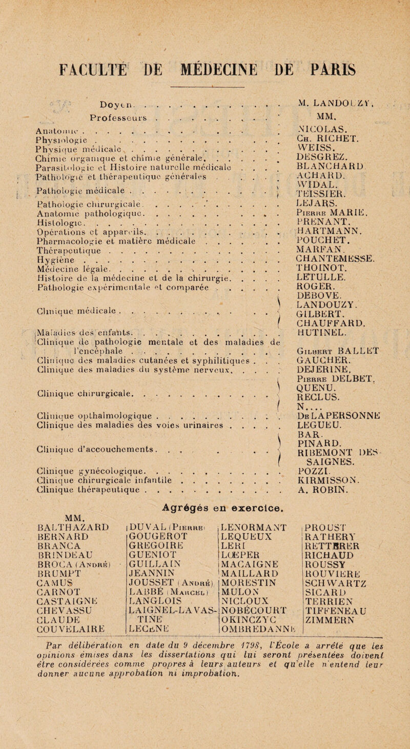 Doytn. Professeurs.. Anatomie .. . . - Physiologie . . Physique médicale. Chimie organique et chimie générale. . . Parasitologie et Histoire naturelle médicale . Pathologie et thérapeutique générales PathoLogie médicale.. . Pathologie chirurgicale.. Anatomie pathologique. Histologie. Opérations et appareils. . .. Pharmacologie et matière médicale .... Thérapeutique. Hygiène. Médecine légale. Histoire de la médecine et de la chirurgie. Pathologie expérimei Clinique médicale . .Maladies des enfants Clinique de pathologie mentale et des maladies de l’encéphale . .. Clinique des maladies cutanées et syphilitiques . Clinique des maladies du système nerveux. Clinique chirurgicale. Clinique opthalmologique. Clinique des maladies des voies urinaires . Clinique d’accouchements. ... . Clinique gynécologique. Clinique chirurgicale infantile. Clinique thérapeutique. M. LANDOUZV. MM. NICOLAS. Ch. RICHET. WEISS. DESGREZ. BLANCHARD ACHARD. WIDAL. T LISSIER. LE JARS. Pierre MARIE, PRENANT. HARTMANN. POUCHET. MA RF AN. CHANTEMESSE. THOINOT. LETULLE. ROGER. DEBOVE. LANDOUZY. GILBERT. CHAUFFARD. HUTINEL. Gilbert BALLET GAUCHER. DEJER1NE. Pierre DELBET. QUENU. RECLUS. N. ... DeLAPERSONNE LEGUEU. BAR. PINARD. RIBEMONT DES SAIGNES. POZZI. KIRMiSSON. A. ROBIN. Agrégés en exercice. MM. BALTHAZARD DU VAL ( Pierre i LENORMANT PROUST BERNARD GOUGEROT LEQUEUX RATHERY BRANCA GREGOIRE LE RI RETTBRER BRINDEAU GUENIOT LUEPER RICHAUD BROC A (André) GUILLAIN MACAIGNE ROUSSY BRUMPT JEANNIN MAILLARD ROUVIERE CAMUS JOUSSET (André) MORESTIN SCHWARTZ CARNOT LABBÉ (Marcel) MULON SICARD CASTAIGNE LANGLOIS NICLOUX TERRIEN CHEVASSU LAIGNEL-LA VAS- NOBÉCOURT TIFFENEAU CLAUDE TI NE OKINCZYC ZIMMERN COU VELA1RE LECeNE OMBREDANN K Par délibération en date du 9 décembre 1798, l'École a arrêté que les opinions émises dans les dissertations qui lui seront présentées doivent être considérées comme propres à leurs auteurs et qu'elle n'entend leur donner aucune approbation ni improbation.