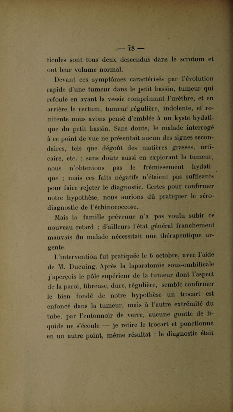 ticules sont tous deux descendus dans le scrotum et ont leur volume normal. Devant ces symptômes caractérisés par l’évolution rapide d’une tumeur dans le petit bassin, tumeur qui refoule en avant la vessie comprimant l’urèthre, et en / , arrière le rectum, tumeur ,régulière, indolente, et re~ nitente nous avons pensé d’emblée à un kyste hydati¬ que du petit bassin. Sans doute, le malade interrogé à ce point de vue ne présentait aucun des signes secon¬ daires, tels que dégoût des matières grasses, urti¬ caire, etc. ; sans doute aussi en explorant la tumeur, nous n’obtenions pas le frémissement hydati¬ que ; mais ces faits négatifs n’étaient pas suffisants pour faire rejeter le diagnostic. Certes pour confirmer notie hypothèse, nous aurions dû pratiquer le séro¬ diagnostic de l’échinococcose. Mais la famille prévenue n’a pas voulu subir ce nouveau retard ; d’ailleurs l’état général franchement mauvais du malade nécessitait une thérapeutique ur¬ gente. L’intervention fut pratiquée le 6 octobre, avec 1 aide de M. Ducuing. Après la laparatomie sous-ombilicale j'aperçois le pôle supérieur de la tumeur dont l’aspect de la paroi, fibreuse, dure, régulière, semble confirmer le bien fondé de notre hypothèse un trocart est enfoncé dans la tumeur, mais à 1 autre extrémité du tuhe, par l’entonnoir de verre, aucune goutte de li¬ quide ne s’écoule — je retire le trocart et ponctionne en un autre point, même résultat : le diagnostic était