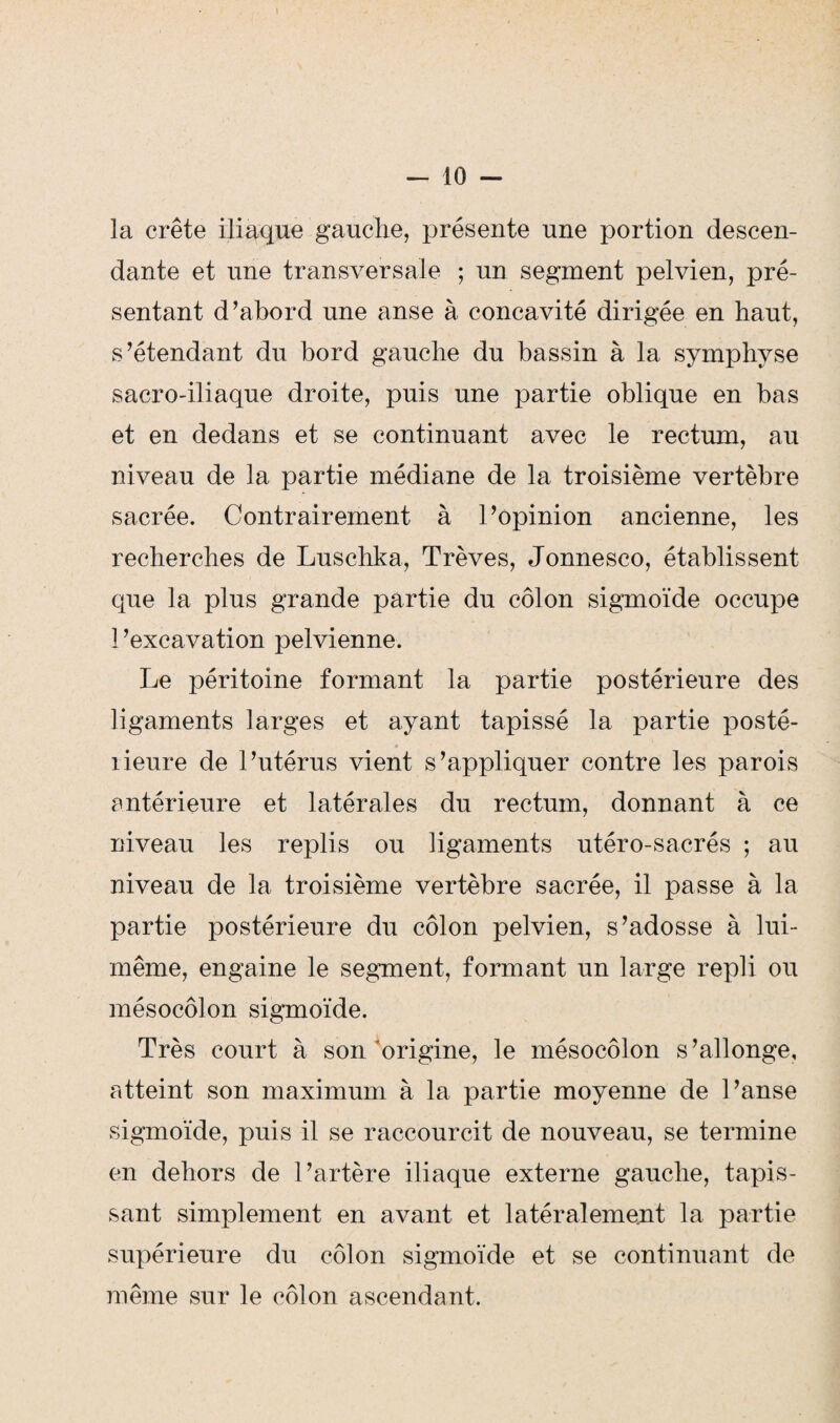 la crête iliaque gauche, présente une portion descen¬ dante et une transversale ; un segment pelvien, pré¬ sentant d’abord une anse à concavité dirigée en haut, s’étendant du bord gauche du bassin à la symphyse sacro-iliaque droite, puis une partie oblique en bas et en dedans et se continuant avec le rectum, au niveau de la partie médiane de la troisième vertèbre sacrée. Contrairement à l’opinion ancienne, les recherches de Luschka, Trêves, Jonnesco, établissent que la plus grande partie du côlon sigmoïde occupe 1 ’excavation pelvienne. Le péritoine formant la partie postérieure des ligaments larges et ayant tapissé la partie posté- lieure de l’utérus vient s’appliquer contre les parois antérieure et latérales du rectum, donnant à ce niveau les replis ou ligaments utéro-sacrés ; au niveau de la troisième vertèbre sacrée, il passe à la partie postérieure du côlon pelvien, s’adosse à lui- même, engaine le segment, formant un large repli ou mésocôlon sigmoïde. Très court à son origine, le mésocôlon s’allonge, atteint son maximum à la partie moyenne de l’anse sigmoïde, puis il se raccourcit de nouveau, se termine en dehors de l’artère iliaque externe gauche, tapis¬ sant simplement en avant et latéralement la partie supérieure du côlon sigmoïde et se continuant de même sur le côlon ascendant.