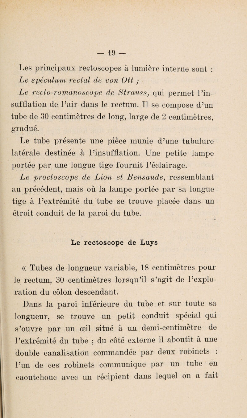 Les principaux rectoscopes à lumière interne sont : Le spéculum rectal de von Ott ; Le recto-romanoscope de Strauss, qui permet l’in¬ sufflation de l’air dans le rectum. Il se compose d’un tube de 30 centimètres de long, large de 2 centimètres, gradué. Le tube présente une pièce munie d’une tubulure latérale destinée à l’insufflation. Une petite lampe portée par une longue tige fournit l’éclairage. Le proctoscope de Lion et Bensaude, ressemblant au précédent, mais où la lampe portée par sa longue tige à l’extrémité du tube se trouve placée dans un étroit conduit de la paroi du tube. Le rectoscope de Luys * V (( Tubes de longueur variable, 18 centimètres pour le rectum, 30 centimètres lorsqu’il s’agit de l’explo¬ ration du côlon descendant. Dans la paroi inférieure du tube et sur toute sa longueur, se trouve un petit conduit spécial qui s’ouvre par un œil situé à un demi-centimètre de l’extrémité du tube ; du côté externe il aboutit à une double canalisation commandée par deux robinets : l’un de ces robinets communique par un tube en caoutchouc avec un récipient dans lequel on a fait