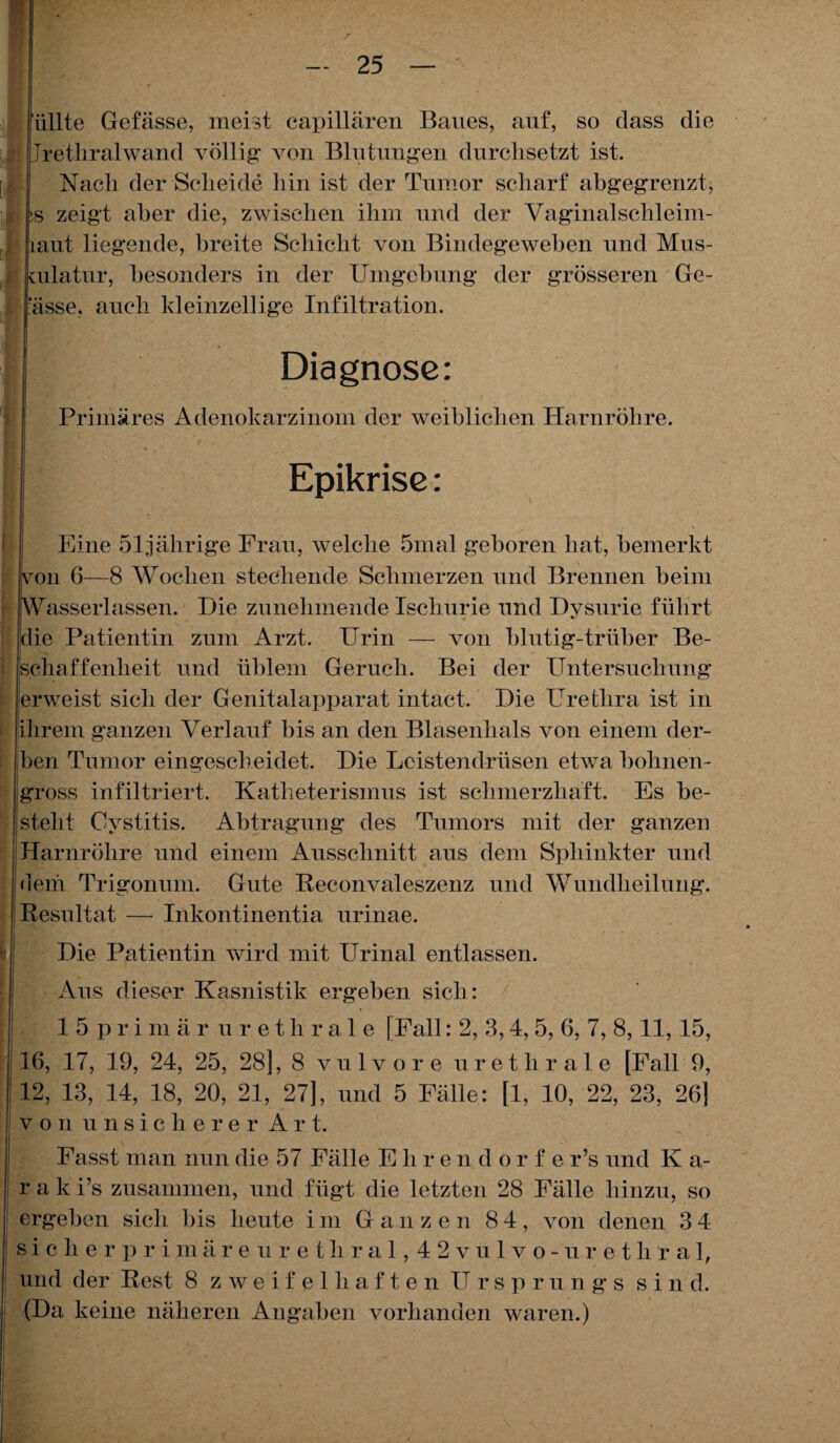 • > üllte Gefässe, meist capillären Baues, auf, so dass die ! Jrethralwand völlig von Blutungen durchsetzt ist. Nach der Scheide hin ist der Tumor scharf ahgegrenzt, 5S zeigt aber die, zwischen ihm und der Vaginalschleim- laut liegende, breite Schicht von Bindegeweben und Mus¬ kulatur, besonders in der Umgehung der grösseren Ge¬ wisse. auch kleinzellige Infiltration. Diagnose: Primäres Adenokarzinom der weiblichen Harnröhre. Epikrise: Eine 51jährige Frau, welche 5mal geboren hat, bemerkt von 6—8 Wochen stechende Schmerzen und Brennen beim Wasserlassen. Die zunehmende Ischurie und Dysurie führt die Patientin zum Arzt. Urin — von blutig-trüber Be¬ schaffenheit und üblem Geruch. Bei der Untersuchung erweist sich der Genitalapparat intact. Die Urethra ist in ihrem ganzen Verlauf bis an den Blasenhals von einem der¬ ben Tumor eingescheidet. Die Leistendrüsen etwa bohnen¬ gross infiltriert. Katheterismus ist schmerzhaft. Es be¬ steht Cystitis. Abtragung des Tumors mit der ganzen Harnröhre und einem Ausschnitt aus dem Sphinkter und dem Trigonum. Gute Reconvaleszenz und Wundheilung. Resultat — Inkontinentia urinae. Die Patientin wird mit Urinal entlassen. Aus dieser Kasuistik ergeben sich: 15 primär urethrale [Fall: 2, 3,4, 5, 6, 7, 8,11,15, 16, 17, 19, 24, 25, 28],8 vulvore urethrale [Fall 9, 12, 13, 14, 18, 20, 21, 27], und 5 Fälle: [1, 10, 22, 23, 26] von unsicherer Art. Fasst man nun die 57 Fälle E li rendorfe r’s und K a- r a k i’s zusammen, und fügt die letzten 28 Fälle hinzu, so ergeben sich bis heute i m Ganzen 84, von denen 3 4 sich e.rprimäre-urethral,42vulvo-ureth'ral, und der Rest 8 zweifelhaften Ursprungs sind. (Da keine näheren Angaben vorhanden waren.)