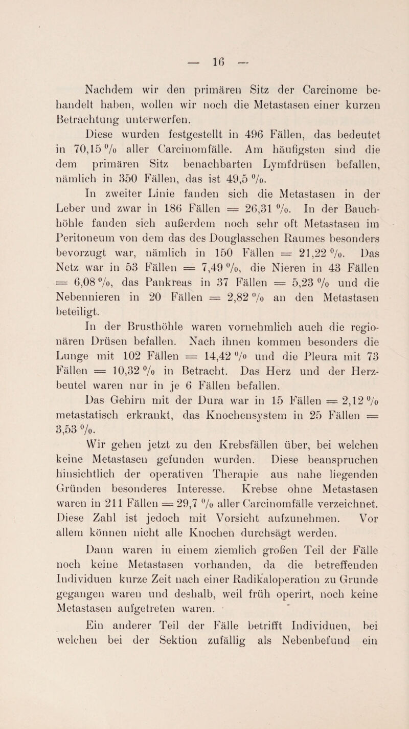 Nachdem wir den primären Sitz der Carcinome be¬ handelt haben, wollen wir noch die Metastasen einer kurzen Betrachtung unterwerfen. Diese wurden festgestellt in 496 Fällen, das bedeutet in 70,15% aller Carcinomfälle. Am häufigsten sind die dem primären Sitz benachbarten Lymfdrüsen befallen, nämlich in 350 Fällen, das ist 49,5 %. In zweiter Linie fanden sich die Metastasen in der Leber und zwar in 186 Fällen = 26,31 %. In der Bauch¬ höhle fanden sich außerdem noch sehr oft Metastasen im Peritoneum von dem das des Douglasschen Raumes besonders bevorzugt war, nämlich in 150 Fällen = 21,22%. Das Netz war in 53 Fällen = 7,49 %, die Nieren in 43 Fällen — 6,08 %, das Pankreas in 37 Fällen = 5,23 % und die Nebennieren in 20 Fällen = 2,82 % an den Metastasen beteiligt. In der Brusthöhle waren vornehmlich auch die regio¬ nären Drüsen befallen. Nach ihnen kommen besonders die Lunge mit 102 Fällen = 14,42 % und die Pleura mit 73 Fällen = 10,32 % in Betracht. Das Herz und der Herz¬ beutel waren nur in je 6 Fällen befallen. Das Gehirn mit der Dura war in 15 Fällen = 2,12 % metastatisch erkrankt, das Knochensystem in 25 Fällen = 3,53 %. Wir gehen jetzt zu den Krebsfällen über, bei welchen keine Metastasen gefunden wurden. Diese beanspruchen hinsichtlich der operativen Therapie aus nahe liegenden Gründen besonderes Interesse. Krebse ohne Metastasen waren in 211 Fällen = 29,7 % aller Carcinomfälle verzeichnet. Diese Zahl ist jedoch mit Vorsicht aufzunehmen. Vor allem können nicht alle Knochen durchsägt werden. Dann waren in einem ziemlich großen Teil der Fälle noch keine Metastasen vorhanden, da die betreffenden Individuen kurze Zeit nach einer Radikaloperation zu Grunde gegangen waren und deshalb, weil früh operirt, noch keine Metastasen aufgetreten waren. Ein anderer Teil der Fälle betrifft Individuen, bei welchen bei der Sektion zufällig als Nebenbefund ein