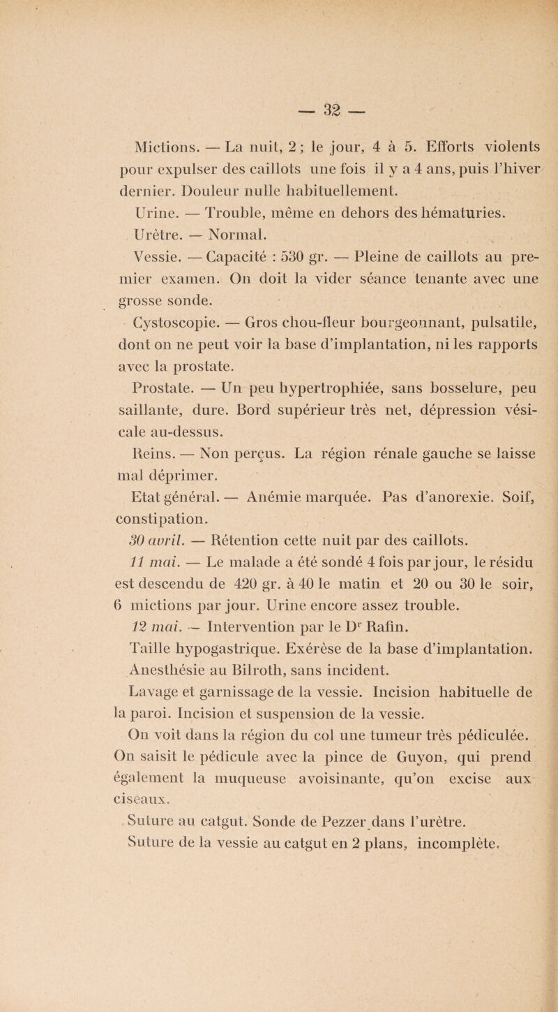 Mictions. — La nuit, 2 ; le jour, 4 à 5. Efforts violents pour expulser des caillots une fois il y a 4 ans, puis l’hiver dernier. Douleur nulle habituellement. Urine. — Trouble, même en dehors des hématuries. Urètre. — Normal. Vessie. —Capacité : 530 gr. — Pleine de caillots au pre¬ mier examen. On doit la vider séance tenante avec une grosse sonde. Cystoscopie. — Gros chou-fleur bourgeonnant, pulsatile, dont on ne peut voir la base d’implantation, ni les rapports avec la prostate. Prostate. — Un peu hypertrophiée, sans bosselure, peu saillante, dure. Bord supérieur très net, dépression vési¬ cale au-dessus. Reins. — Non perçus. La région rénale gauche se laisse mal déprimer. Etat général. — Anémie marquée. Pas d’anorexie. Soif, constipation. 30 avril. — Rétention cette nuit par des caillots. 11 mai. — Le malade a été sondé 4 fois par jour, le résidu est descendu de 420 gr. à 40 le matin et 20 ou 30 le soir, 6 mictions par jour. Urine encore assez trouble. 12 mai. — Intervention par le Dr Rafin. Taille hypogastrique. Exérèse de la base d’implantation. Anesthésie au Bilroth, sans incident. Lavage et garnissage de la vessie. Incision habituelle de la paroi. Incision et suspension de la vessie. On voit dans la région du col une tumeur très pédiculée. On saisit le pédicule avec la pince de Guyon, qui prend également la muqueuse avoisinante, qu’on excise aux ciseaux. Suture au catgut. Sonde de Pezzer dans l’urètre.