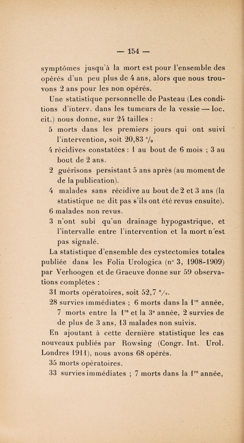 symptômes jusqu’à la mort est pour l’ensemble des opérés d’un peu plus de 4 ans, alors que nous trou¬ vons 2 ans pour les non opérés. Une statistique personnelle de Pasteau (Les condb tions d’interv. dans les tumeurs de la vessie — loc. cit.) nous donne, sur 24 tailles : 5 morts dans les premiers jours qui ont suivi l’intervention, soit 20,83 °/0- 4 récidives constatées : J au bout de 6 mois ; 3 au bout de 2 ans. 2 guérisons persistant 5 ans après (au moment de de la publication). 4 malades sans récidive au bout de 2 et 3 ans (la statistique ne dit pas s’ils ont été revus ensuite). 6 malades non revus. 3 n’ont subi qu’un drainage hypogastrique, et l’intervalle entre l’intervention et la mort n'est pas signalé. La statistique d’ensemble des cystectomies totales publiée dans les Folia Urologica (n° 3, 1908-1909) par Verhoogen et de Graeuve donne sur 59 observa¬ tions complètes : 31 morts opératoires, soit 52,7 °/°- 28 survies immédiates ; 6 morts dans la lre année, 7 morts entre la lre et la 3e année, 2 survies de de plus de 3 ans, 13 malades non suivis. En ajoutant à cette dernière statistique les cas nouveaux publiés par Rowsing (Congr. Int. Urol. Londres 1911), nous avons 68 opérés. 35 morts opératoires. 33 survies immédiates ; 7 morts dans la lro année,