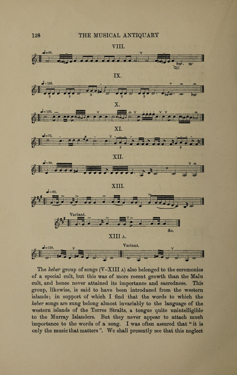 VIII. ■y/iv n • ZJ'. i- J i_I 1_1_J. “ L lO i i.jj.. M -s* - 5 *ddc) d d~d~&dzlgr. ^ -ft . - - - - v-h H5.rnS3 vOT • ^ m • .. J S - A N — -N S J S S• II L.a j 5 irr uziza isi.U -^t==! D ^ ■ r i — w m m-.m m m- m m ■ m — — m m - r, 3 3 XII. W-96. V /Tv -j—-A-—J-S—d—m —rirszi --#=* A -i -Ar •” XIII A. 3 Variant. 'Cr I The keber group of songs (V-XIII A) also belonged to the ceremonies of a special cult, but this was of more recent growth than the Malu cult, and hence never attained its importance and sacredness. This group, likewise, is said to have been introduced from the western islands; in support of which I find that the words to which the keber songs are sung belong almost invariably to the language of the western islands of the Torres Straits, a tongue quite unintelligible to the Murray Islanders. But they never appear to attach much importance to the words of a song. I was often assured that “ it is only the music that matters We shall presently see that this neglect