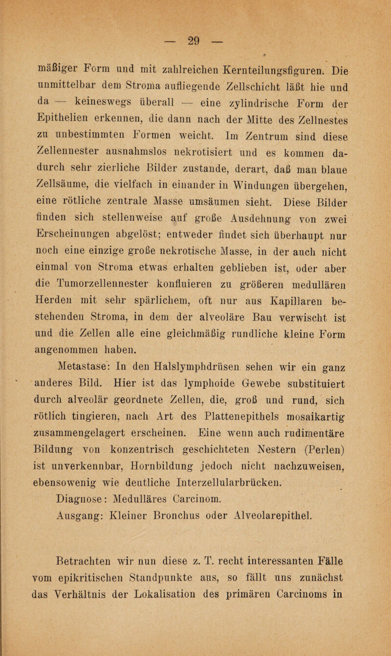 mäßiger Form und mit zahlreichen Kernteilungsfiguren. Die unmittelbar dem Stroma aufliegende Zellschicht läßt hie und da keineswegs überall — eine zylindrische Form der Epithelien erkennen, die dann nach der Mitte des Zellnestes zu unbestimmten bormen weicht. Im Zentrum sind diese Zellennester ausnahmslos nekrotisiert und es kommen da¬ durch sehr zierliche Bilder zustande, derart, daß man blaue Zellsäume, die vielfach in einander in Windungen übergehen, eine rötliche zentrale Masse umsäumen sieht. Diese Bilder finden sich stellenweise auf große Ausdehnung von zwei Erscheinungen abgelöst; entweder findet sich überhaupt nur noch eine einzige große nekrotische Masse, in der auch nicht einmal von Stroma etwas erhalten geblieben ist, oder aber die Tumorzellennester konfluieren zu größeren medullären Herden mit sehr spärlichem, oft nur aus Kapillaren be¬ stehenden Stroma, in dem der alveoläre Bau verwischt ist und die Zellen alle eine gleichmäßig rundliche kleine Form angenommen haben. Metastase: In den Halslymphdrüsen sehen wir ein ganz anderes Bild. Hier ist das lymphoide Gewebe substituiert durch alveolär geordnete Zellen, die, groß und rund, sich rötlich tingieren, nach Art des Plattenepithels mosaikartig zusammengelagert erscheinen. Eine wenn auch rudimentäre Bildung von konzentrisch geschichteten Nestern (Perlen) ist unverkennbar, Hornbildung jedoch nicht nachzuweisen, ebensowenig wie deutliche Interzellularbrücken. Diagnose: Medulläres Carcinom. Ausgang: Kleiner Bronchus oder Alveolarepithel. Betrachten wir nun diese z. T. recht interessanten Fälle vom epikritischen Standpunkte aus, so fällt uns zunächst das Verhältnis der Lokalisation des primären Carcinoms in