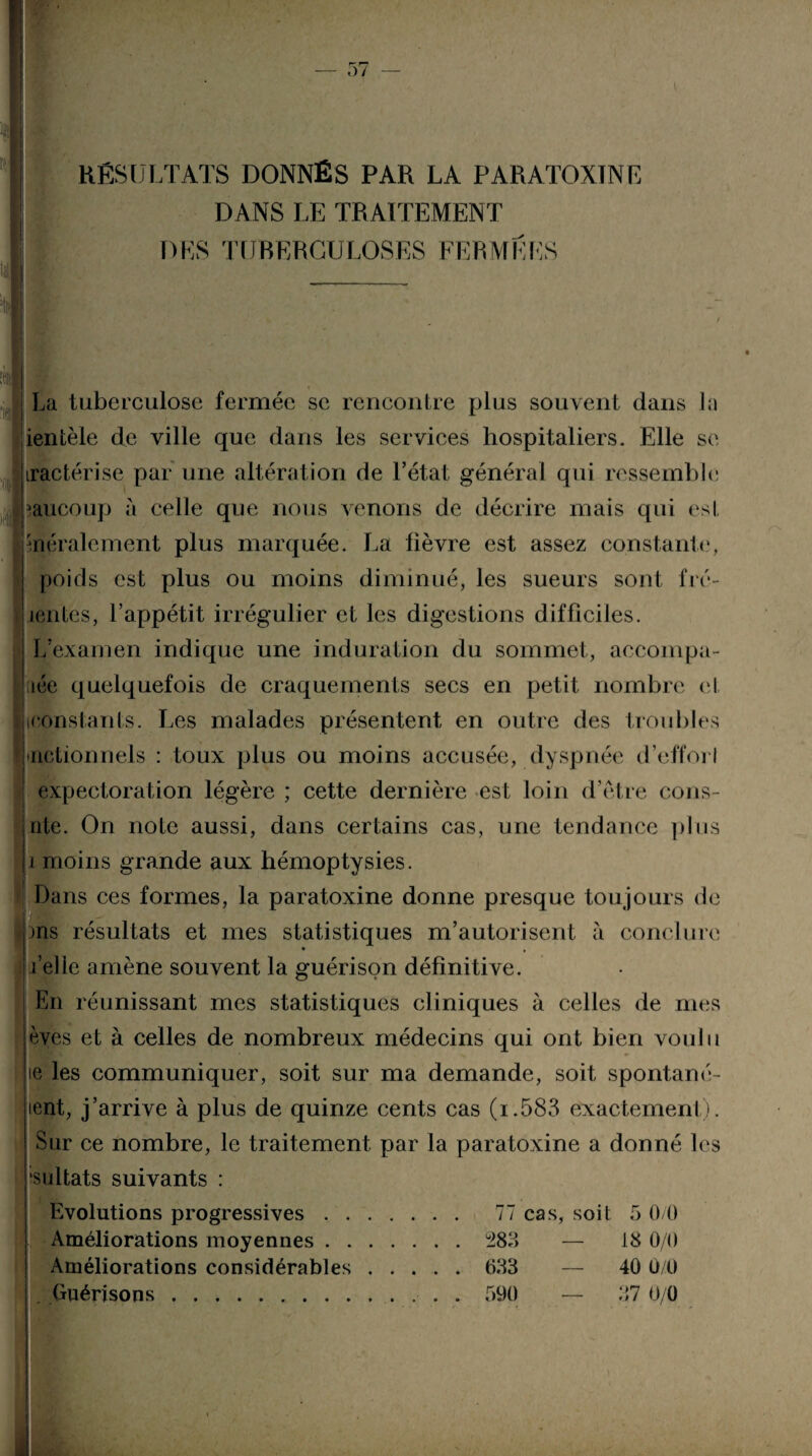 RÉSULTATS DONNÉS PAR LA PARATOXINE DANS LE TRAITEMENT DES TUBERCULOSES FERMEES La tuberculose fermée se rencontre plus souvent dans la ientèle de ville que dans les services hospitaliers. Elle se iractérise par une altération de l’état général qui ressemble >aucoup à celle que nous venons de décrire mais qui est enéralement plus marquée. La lièvre est assez constante, poids est plus ou moins diminué, les sueurs sont fré- æntes, l’appétit irrégulier et les digestions difficiles. H L’examen indique une induration du sommet, accompu- lée quelquefois de craquements secs en petit nombre el iconstants. Les malades présentent en outre des troubles f notionnels : toux plus ou moins accusée, dyspnée d’efforl l expectoration légère ; cette dernière est loin d’ètre cons- nte. On note aussi, dans certains cas, une tendance plus i moins grande aux hémoptysies. | Dans ces formes, la paratoxine donne presque toujours de ms résultats et mes statistiques m’autorisent à conclure ♦ Telle amène souvent la guérison définitive. I En réunissant mes statistiques cliniques à celles de mes èves et à celles de nombreux médecins qui ont bien voulu ie les communiquer, soit sur ma demande, soit spontané- lent, j’arrive à plus de quinze cents cas (i.583 exactement). Sur ce nombre, le traitement par la paratoxine a donné les 'sultats suivants : Evolutions progressives. 77 cas, soit 5 0/0 Améliorations moyennes.283 — 18 0/0 Améliorations considérables.633 — 40 0/0 . Guérisons.. . 090 — 37 0/0
