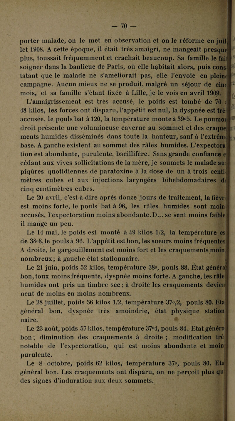 porter malade, on le met en observation et on le réforme en juif let 1908. A cette époque, il était très amaigri, ne mangeait presque plus, toussait fréquemment et crachait beaucoup. Sa famille le fai soigner dans la banlieue de Paris, où elle habitait alors, puis cons tatant que le malade ne s’améliorait pas, elle l’envoie en pleim campagne. Aucun mieux ne se produit, malgré un séjour de cim mois, et sa famille s’étant fixée à Lille, je le vois en avril 1909. L’amaigrissement est très accusé, le poids est tombé de 70 : 48 kilos, les forces ont disparu, l’appétit est nul, la dyspnée est trè accusée, le pouls bat à 120, la température monteà39°5. Le poumor droit présente une volumineuse caverne au sommet et des craque ments humides disséminés dans toute la hauteur, sauf à l’extrêm base. A gauche existent au sommet des râles humides. L’expectora tion est abondante, purulente, bacillifère. Sans grande confiance e cédant aux vives sollicitations de la mère, je soumets le malade au piqûres quotidiennes de paratoxine à la dose de un à trois centi mètres cubes et aux injections laryngées bihebdomadaires d< cinq centimètres cubes. Le 20 avril, c’est-à-dire après douze jours de traitement, lafièvr est moins forte, le pouls bat à 96, les râles humides sont moin accusés, l’expectoration moins abondante. D... se sent moins faible il mange un peu. Le 14 mai, le poids est monté à 49 kilos 1/2, la température, es de 38°8,le pouls à 96. L’appétit est bon, les sueurs moins fréquentes A droite, le gargouillement est moins fort et les craquements moin nombreux; à gauche état stationnaire. Le 21 juin, poids 52 kilos, température 38°, pouls 88. État généra) bon, toux moins fréquente, dyspnée moins forte. A gauche, les râle humides ont pris un timbre sec ; à droite les craquements devien nent de moins en moins nombreux. Le 28 juillet, poids 56 kilos 1/2, température 37°,2, pouls 80. Eta général bon, dyspnée très amoindrie, état physique station naire. Le 23 août, poids 57 kilos, température 37°4, pouls 84. Etat généra bon ; diminution des craquements à droite ; modification trè notable de l’expectoration, qui est moins abondante et moin purulente. Le 8 octobre, poids 62 kilos, température 37°, pouls 80. Eta général bon. Les craquements ont disparu, on ne perçoit plus qu U jrci Ce Ï1V des signes d’induration aux deux sommets.