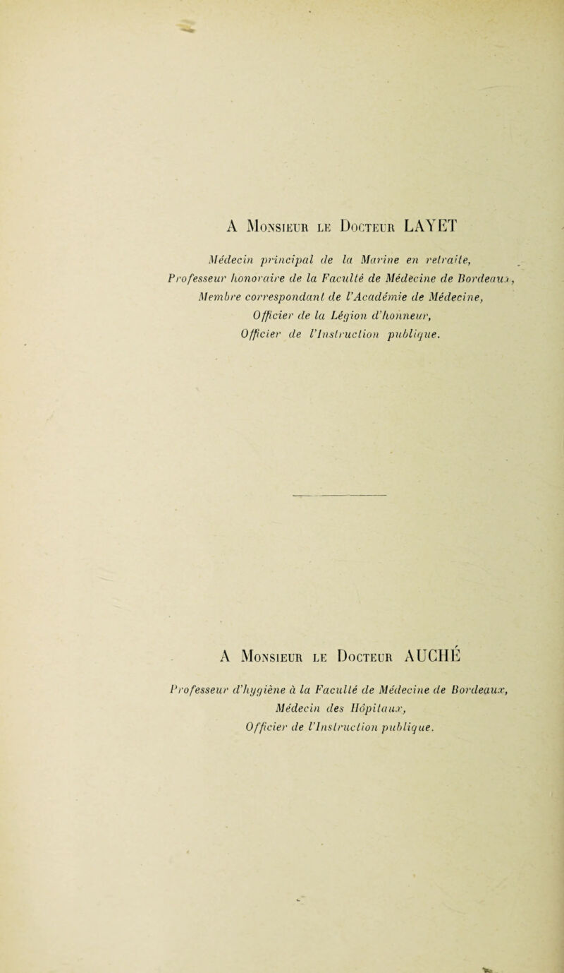 A M onsieur le Docteur LAYET Médecin principal de la Marine en retraite. Professeur honoraire de la Faculté de Médecine de Bordeaux, Membre correspondant de VAcadémie de Médecine, Officier de la Légion d’honneur, Officier de l'Instruction publique. A Monsieur le Docteur AUCHE Professeur d'hygiène à la Faculté de Médecine de Bordeaux, Médecin des Hôpitaux, Officier de l’Instruction publique.