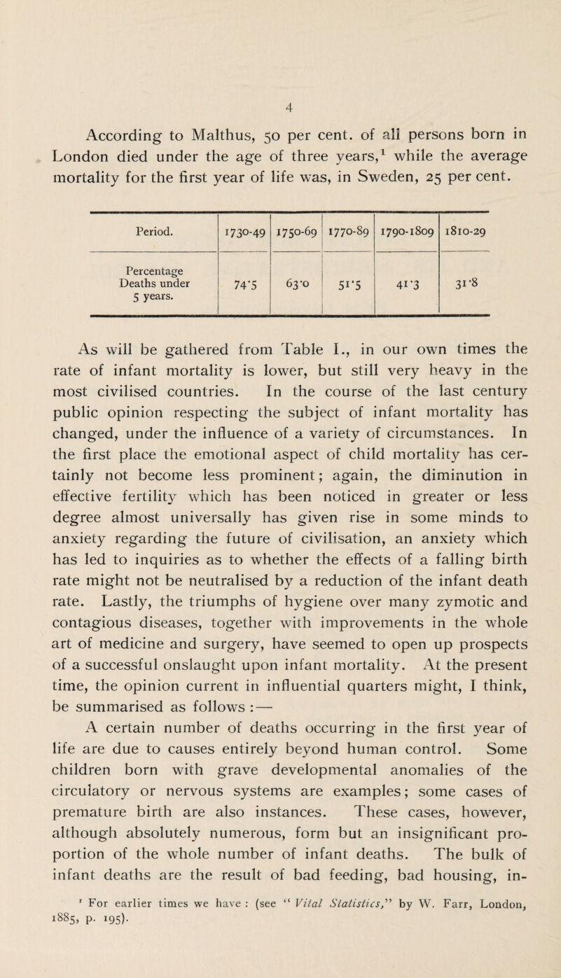 According to Malthus, 50 per cent, of all persons born in London died under the age of three years,1 while the average mortality for the first year of life was, in Sweden, 25 per cent. Period. 1730-49 1750-69 1770-89 1790-1809 1810-29 Percentage Deaths under 5 years. 74‘5 ' 63*0 5i*5 4i-3 31*8 As will be gathered from Table I., in our own times the rate of infant mortality is lower, but still very heavy in the most civilised countries. In the course of the last century public opinion respecting the subject of infant mortality has changed, under the influence of a variety of circumstances. In the first place the emotional aspect of child mortality has cer¬ tainly not become less prominent; again, the diminution in effective fertility which has been noticed in greater or less degree almost universally has given rise in some minds to anxiety regarding the future of civilisation, an anxiety which has led to inquiries as to whether the effects of a falling birth rate might not be neutralised by a reduction of the infant death rate. Lastly, the triumphs of hygiene over many zymotic and contagious diseases, together with improvements in the whole art of medicine and surgery, have seemed to open up prospects of a successful onslaught upon infant mortality. At the present time, the opinion current in influential quarters might, I think, be summarised as follows : — A certain number of deaths occurring in the first year of life are due to causes entirely beyond human control. Some children born with grave developmental anomalies of the circulatory or nervous systems are examples; some cases of premature birth are also instances. These cases, however, although absolutely numerous, form but an insignificant pro¬ portion of the whole number of infant deaths. The bulk of infant deaths are the result of bad feeding, bad housing, in- 1 For earlier times we have : (see “ Vital Statisticsby W. Farr, London, 1885, p. 195).