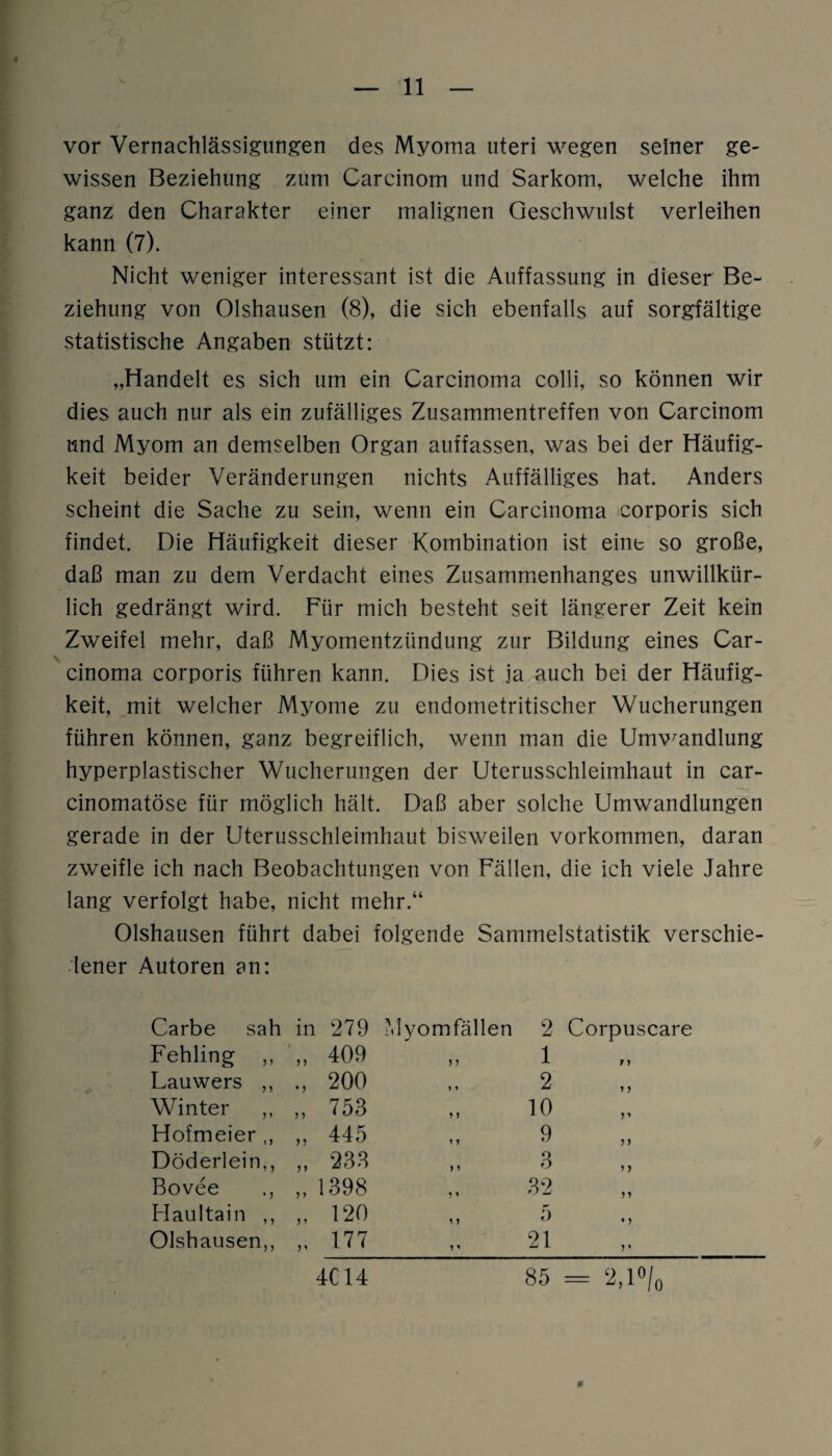 I 11 vor Vernachlässigungen des Myoma uteri wegen seiner ge¬ wissen Beziehung zum Carcinom und Sarkom, welche ihm ganz den Charakter einer malignen Geschwulst verleihen kann (7). Nicht weniger interessant ist die Auffassung in dieser Be¬ ziehung von Olshausen (8), die sich ebenfalls auf sorgfältige statistische Angaben stützt: „Handelt es sich um ein Carcinoma colli, so können wir dies auch nur als ein zufälliges Zusammentreffen von Carcinom und Myom an demselben Organ auffassen, was bei der Häufig¬ keit beider Veränderungen nichts Auffälliges hat. Anders scheint die Sache zu sein, wenn ein Carcinoma corporis sich findet. Die Häufigkeit dieser Kombination ist eint so große, daß man zu dem Verdacht eines Zusammenhanges unwillkür¬ lich gedrängt wird. Für mich besteht seit längerer Zeit kein Zweifel mehr, daß Myomentzündung zur Bildung eines Car¬ cinoma corporis führen kann. Dies ist ja auch bei der Häufig¬ keit, mit welcher Myome zu endometritischer Wucherungen führen können, ganz begreiflich, wenn man die Umwandlung hyperplastischer Wucherungen der Uterusschleimhaut in car- cinomatöse für möglich hält. Daß aber solche Umwandlungen gerade in der Uterusschleimhaut bisweilen Vorkommen, daran zweifle ich nach Beobachtungen von Fällen, die ich viele Jahre lang verfolgt habe, nicht mehr.“ Olshausen führt dabei folgende Sammelstatistik verschie¬ dener Autoren an: Carbe sah in 279 Myomfällen 2 Corpuscare Fehling „ „ 409 1 7 y Lauwers ,, ., 200 2 > > Winter „ „ 753 10 ) * Hofmeier „ „ 445 9 •n Döderlein,, „ 233 3 y y Bovee ., „ 1398 32 yy Haultain ,, „ 120 5 • 5 Olshausen,, „ 177 21 y * 4C14 85 = 2,l°/o