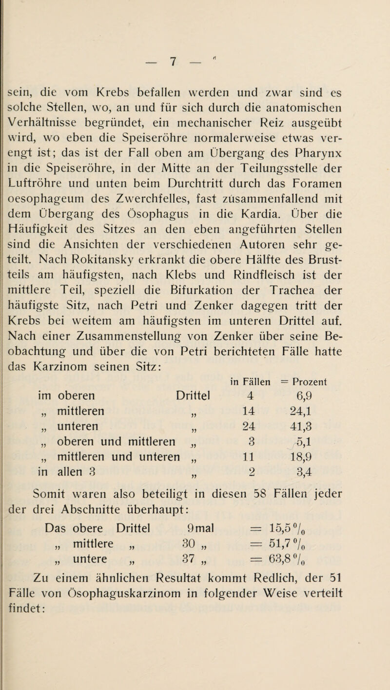 sein, die vom Krebs befallen werden und zwar sind es solche Stellen, wo, an und für sich durch die anatomischen Verhältnisse begründet, ein mechanischer Reiz ausgeübt wird, wo eben die Speiseröhre normalerweise etwas ver¬ engt ist; das ist der Fall oben am Übergang des Pharynx in die Speiseröhre, in der Mitte an der Teilungsstelle der Luftröhre und unten beim Durchtritt durch das Foramen oesophageum des Zwerchfelles, fast züsammenfallend mit dem Übergang des Ösophagus in die Kardia. Über die Häufigkeit des Sitzes an den eben angeführten Stellen sind die Ansichten der verschiedenen Autoren sehr ge¬ teilt. Nach Rokitansky erkrankt die obere Hälfte des Brust¬ teils am häufigsten, nach Klebs und Rindfleisch ist der mittlere Teil, speziell die Bifurkation der Trachea der häufigste Sitz, nach Petri und Zenker dagegen tritt der Krebs bei weitem am häufigsten im unteren Drittel auf. Nach einer Zusammenstellung von Zenker über seine Be¬ obachtung und über die von Petri berichteten Fälle hatte das Karzinom seinen Sitz: im oberen Drittel in Fällen 4 = Prozent 6,9 V mittleren 14 24,1 V unteren V 24 41,3 jy oberen und mittleren „ 3 ai u mittleren und unteren „ 11 18,9 in allen 3 2 3,4 Somit waren also beteiligt in diesen 58 Fällen jeder der drei Abschnitte überhaupt: Das obere Drittel 9mal = 15,5% „ mittlere „ 30 „ = 51,7 % „ untere „ 37 „ = 63,8 % Zu einem ähnlichen Resultat kommt Redlich, der 51 Fälle von Ösophaguskarzinom in folgender Weise verteilt findet: