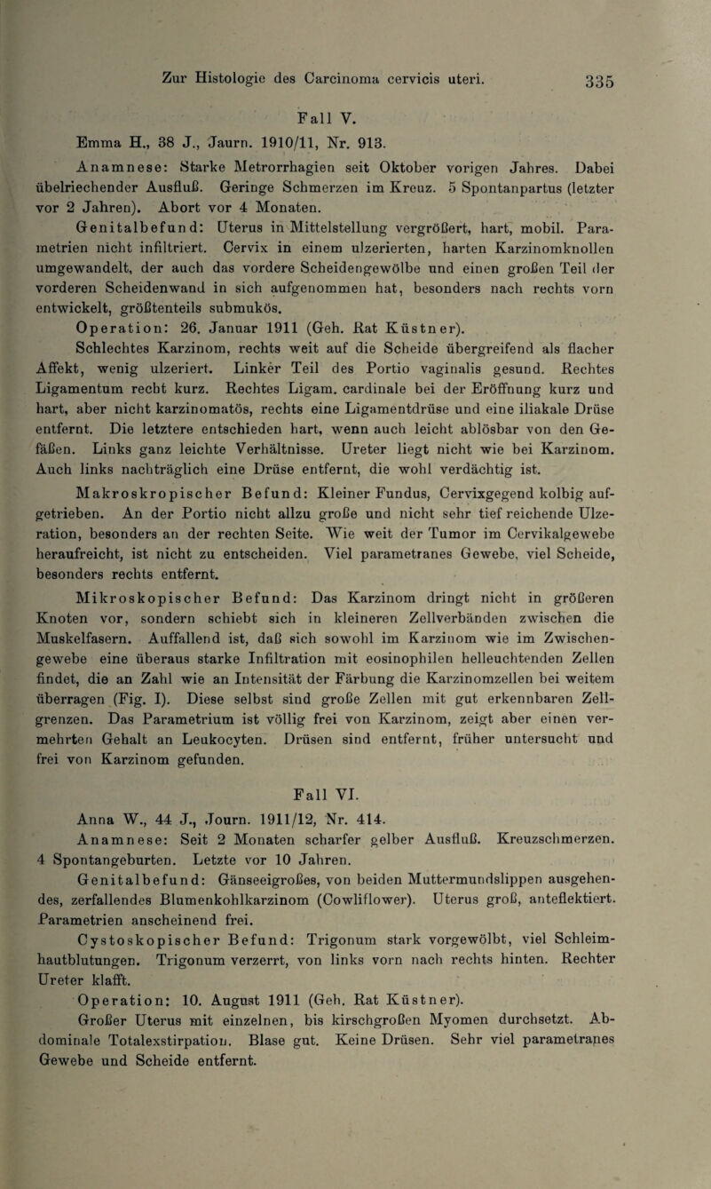 Fall V. Emma H., 38 J., Jaurn. 1910/11, Nr. 913. . f T Anamnese: Starke Metrorrhagien seit Oktober vorigen Jahres. Dabei übelriechender Ausfluß. Geringe Schmerzen im Kreuz. 5 Spontanpartus (letzter vor 2 Jahren). Abort vor 4 Monaten. Genitalbefund: Uterus in Mittelstellung vergrößert, hart, mobil. Para¬ metrien nicht infiltriert. Cervix in einem ulzerierten, harten Karzinomknollen umgewandelt, der auch das vordere Scheidengewölbe und einen großen Teil der vorderen Scheidenwand in sich aufgenommen hat, besonders nach rechts vorn entwickelt, größtenteils submukös. Operati on: 26. Januar 1911 (Geh. Rat Küstner). Schlechtes Karzinom, rechts weit auf die Scheide übergreifend als flacher Affekt, wenig ulzeriert. Linker Teil des Portio vaginalis gesund. Rechtes Ligamentum recht kurz. Rechtes Ligam. cardinale bei der Eröffnung kurz und hart, aber nicht karzinomatös, rechts eine Ligamentdrüse und eine iliakale Drüse entfernt. Die letztere entschieden hart, wenn auch leicht ablösbar von den Ge¬ fäßen. Links ganz leichte Verhältnisse. Ureter liegt nicht wie bei Karzinom. Auch links nachträglich eine Drüse entfernt, die wohl verdächtig ist. Makroskropischer Befund: Kleiner Fundus, Cervixgegend kolbig auf¬ getrieben. An der Portio nicht allzu große und nicht sehr tief reichende Ulze- ration, besonders an der rechten Seite. Wie weit der Tumor im Cervikalgewebe heraufreicht, ist nicht zu entscheiden. Viel parametranes Gewebe, viel Scheide, besonders rechts entfernt. Mikroskopischer Befund: Das Karzinom dringt nicht in größeren Knoten vor, sondern schiebt sich in kleineren Zellverbänden zwischen die Muskelfasern. Auffallend ist, daß sich sowohl im Karzinom wie im Zwischen¬ gewebe eine überaus starke Infiltration mit eosinophilen helleuchtenden Zellen findet, die an Zahl wie an Intensität der Färbung die Karzinomzellen bei weitem überragen (Fig. I). Diese selbst sind große Zellen mit gut erkennbaren Zell¬ grenzen. Das Parametrium ist völlig frei von Karzinom, zeigt aber einen ver¬ mehrten Gehalt an Leukocyten. Drüsen sind entfernt, früher untersucht und frei von Karzinom gefunden. Fall VI. Anna W., 44 J., Journ. 1911/12, Nr. 414. Anamnese: Seit 2 Monaten scharfer gelber Ausfluß. Kreuzschmerzen. 4 Spontangeburten. Letzte vor 10 Jahren. Genitalbefund: Gänseeigroßes, von beiden Muttermundslippen ausgehen¬ des, zerfallendes Blumenkohlkarzinom (Cowliflower). Uterus groß, anteflektiert. Parametrien anscheinend frei. Cystoskopischer Befund: Trigonum stark vorgewölbt, viel Schleim¬ hautblutungen. Trigonum verzerrt, von links vorn nach rechts hinten. Rechter Ureter klafft. Operation: 10. August 1911 (Geh. Rat Küstner). Großer Uterus mit einzelnen, bis kirschgroßen Myomen durchsetzt. Ab¬ dominale Totalexstirpatiou. Blase gut. Keine Drüsen. Sehr viel parametrapes Gewebe und Scheide entfernt.