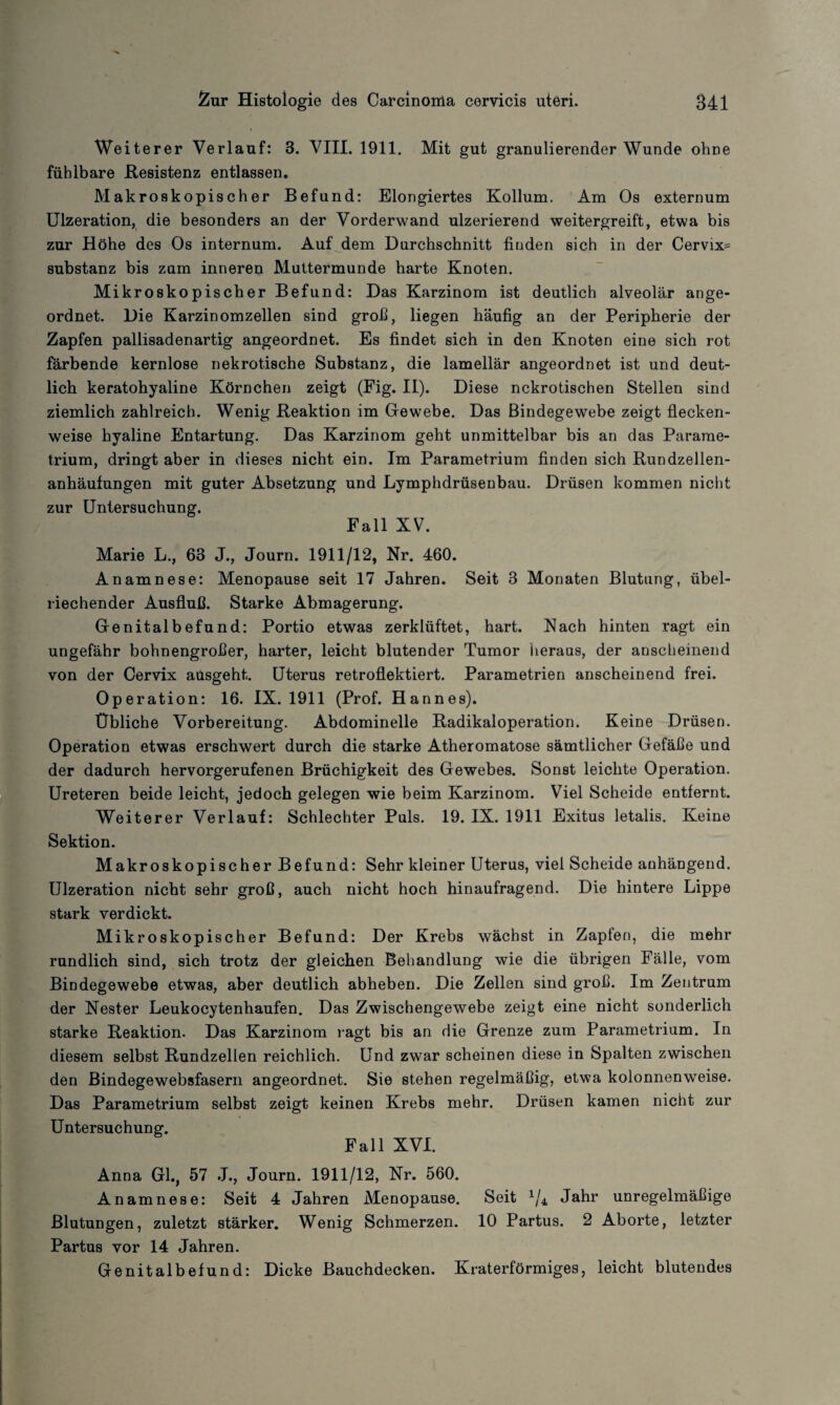 Weiterer Verlauf: 3. VIII. 1911. Mit gut granulierender Wunde ohne fühlbare Resistenz entlassen. Makroskopischer Befund: Elongiertes Kollum. Am Os externum Ulzeration, die besonders an der Vorderwand ulzerierend weitergreift, etwa bis zur Höhe des Os internum. Auf dem Durchschnitt finden sich in der Cervix= Substanz bis zum inneren Muttermunde harte Knoten. Mikroskopischer Befund: Das Karzinom ist deutlich alveolär ange¬ ordnet. Die Karzinomzellen sind groß, liegen häufig an der Peripherie der Zapfen pallisadenartig angeordnet. Es findet sich in den Knoten eine sich rot färbende kernlose nekrotische Substanz, die lamellär angeordnet ist und deut¬ lich keratohyaline Körnchen zeigt (Fig. II). Diese nekrotischen Stellen sind ziemlich zahlreich. Wenig Reaktion im Gewebe. Das Bindegewebe zeigt flecken¬ weise hyaline Entartung. Das Karzinom geht unmittelbar bis an das Parame- trium, dringt aber in dieses nicht ein. Im Parametrium finden sich Rundzellen¬ anhäufungen mit guter Absetzung und Lymphdrüsenbau. Drüsen kommen nicht zur Untersuchung. Fall XV. Marie L., 68 J., Journ. 1911/12, Nr. 460. Anamnese: Menopause seit 17 Jahren. Seit 3 Monaten Blutung, übel¬ riechender Ausfluß. Starke Abmagerung. Genitalbefund: Portio etwas zerklüftet, hart. Nach hinten ragt ein ungefähr bohnengroßer, harter, leicht blutender Tumor heraus, der anscheinend von der Cervix aüsgeht. Uterus retroflektiert. Parametrien anscheinend frei. Operation: 16. IX. 1911 (Prof. Hannes). Übliche Vorbereitung. Abdominelle Radikaloperation. Keine Drüsen. Operation etwas erschwert durch die starke Äther omatose sämtlicher Gefäße und der dadurch hervorgerufenen Brüchigkeit des Gewebes. Sonst leichte Operation. Ureteren beide leicht, jedoch gelegen wie beim Karzinom. Viel Scheide entfernt. Weiterer Verlauf: Schlechter Puls. 19. IX. 1911 Exitus letalis. Keine Sektion. Makroskopischer Befund: Sehr kleiner Uterus, viel Scheide anhängend. Ulzeration nicht sehr groß, auch nicht hoch hinaufragend. Die hintere Lippe stark verdickt. Mikroskopischer Befund: Der Krebs wächst in Zapfen, die mehr rundlich sind, sich trotz der gleichen Behandlung wie die übrigen Fälle, vom Bindegewebe etwas, aber deutlich abheben. Die Zellen sind groß. Im Zentrum der Nester Leukocytenhaufen. Das Zwischengewebe zeigt eine nicht sonderlich starke Reaktion. Das Karzinom ragt bis an die Grenze zum Parametrium. In diesem selbst Rundzellen reichlich. Und zwar scheinen diese in Spalten zwischen den Bindegewebsfasern angeordnet. Sie stehen regelmäßig, etwa kolonnenweise. Das Parametrium selbst zeigt keinen Krebs mehr. Drüsen kamen nicht zur Untersuchung. Fall XVI. Anna Gl., 57 J., Journ. 1911/12, Nr. 560. Anamnese: Seit 4 Jahren Menopause. Seit 1/4j Jahr unregelmäßige Blutungen, zuletzt stärker. Wenig Schmerzen. 10 Partus. 2 Aborte, letzter Partus vor 14 Jahren. Genitalbefund: Dicke Bauchdecken. Kraterförmiges, leicht blutendes