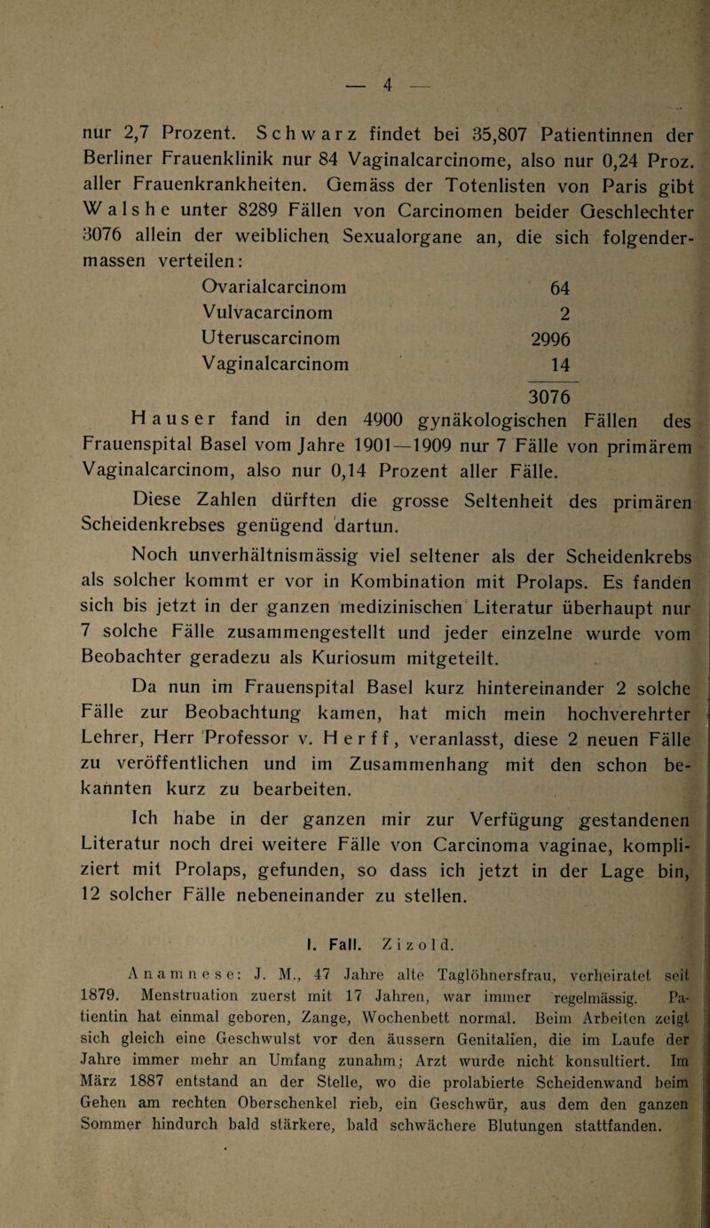 nur 2,7 Prozent. Schwarz findet bei 35,807 Patientinnen der Berliner Frauenklinik nur 84 Vaginalcarcinome, also nur 0,24 Proz. aller Frauenkrankheiten. Gemäss der Totenlisten von Paris gibt Wals he unter 8289 Fällen von Carcinomen beider Geschlechter 3076 allein der weiblichen Sexualorgane an, die sich folgender¬ massen verteilen: Ovarialcarcinom 64 Vulvacarcinom 2 Uteruscarcinom 2996 Vaginalcarcinom 14 3076 Fl aus er fand in den 4900 gynäkologischen Fällen des Frauenspital Basel vom Jahre 1901—1909 nur 7 Fälle von primärem Vaginalcarcinom, also nur 0,14 Prozent aller Fälle. Diese Zahlen dürften die grosse Seltenheit des primären Scheidenkrebses genügend dartun. Noch unverhältnismässig viel seltener als der Scheidenkrebs als solcher kommt er vor in Kombination mit Prolaps. Es fanden sich bis jetzt in der ganzen medizinischen Literatur überhaupt nur 7 solche Fälle zusammengestellt und jeder einzelne wurde vom Beobachter geradezu als Kuriosum mitgeteilt. Da nun im Frauenspital Basel kurz hintereinander 2 solche Fälle zur Beobachtung kamen, hat mich mein hochverehrter Lehrer, Herr Professor v. Herff, veranlasst, diese 2 neuen Fälle zu veröffentlichen und im Zusammenhang mit den schon be¬ kannten kurz zu bearbeiten. Ich habe in der ganzen mir zur Verfügung gestandenen Literatur noch drei weitere Fälle von Carcinoma vaginae, kompli¬ ziert mit Prolaps, gefunden, so dass ich jetzt in der Lage bin, 12 solcher Fälle nebeneinander zu stellen. I. Fall. Z i z o 1 d. Anamnese: J. M., 47 Jahre alte Taglöhnersfrau, verheiratet seit 1879. Menstruation zuerst mit 17 Jahren, war immer regelmässig. Pa¬ tientin hat einmal geboren, Zange, Wochenbett normal. Beim Arbeiten zeigt sich gleich eine Geschwulst vor den äussern Genitalien, die im Laufe der Jahre immer mehr an Umfang zunahm; Arzt wurde nicht konsultiert. Im März 1887 entstand an der Stelle, wo die prolabierte Scheidenwand beim Gehen am rechten Oberschenkel rieb, ein Geschwür, aus dem den ganzen Sommer hindurch bald stärkere, bald schwächere Blutungen stattfanden.