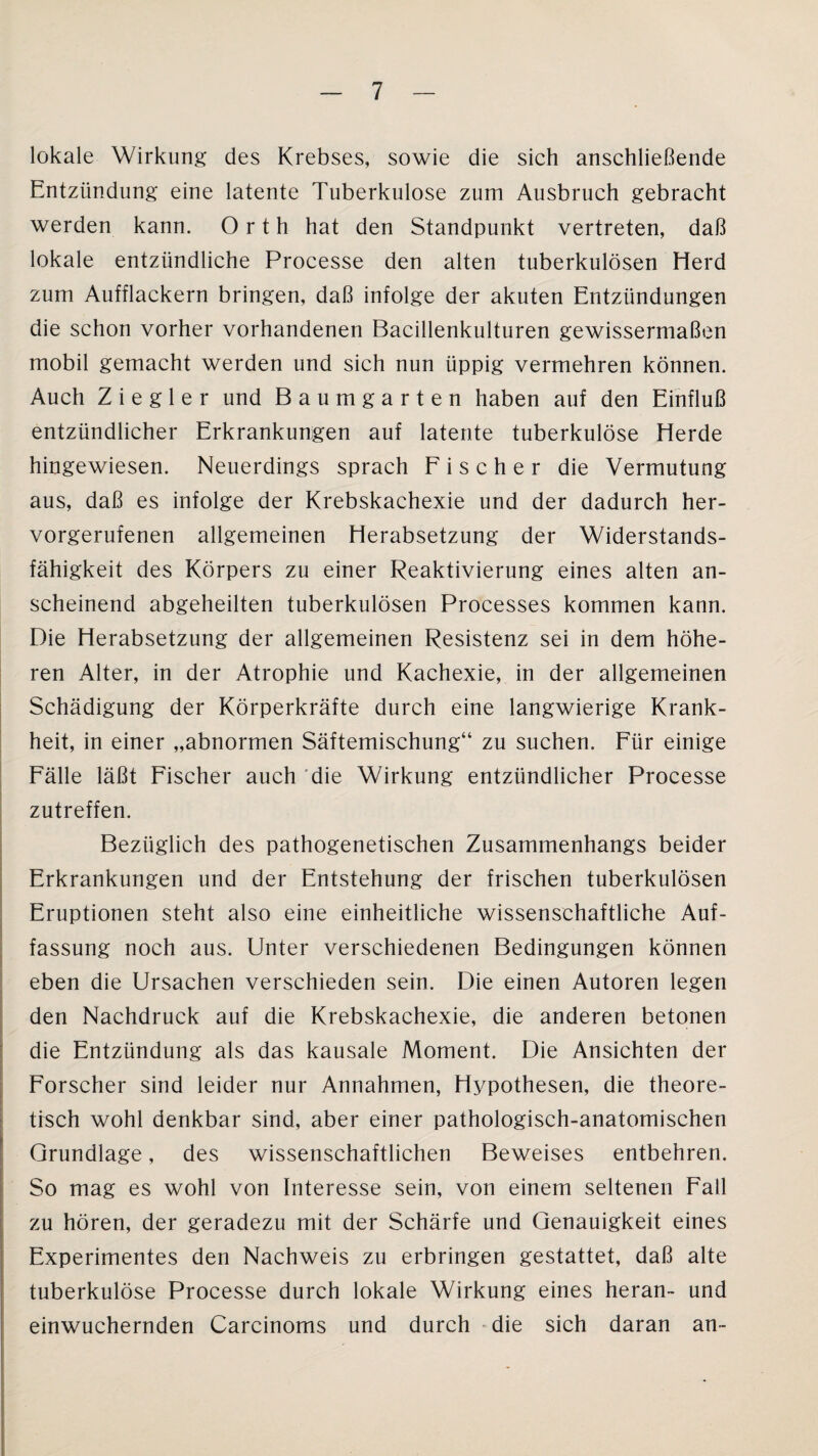 lokale Wirkung des Krebses, sowie die sich anschließende Entzündung eine latente Tuberkulose zum Ausbruch gebracht werden kann. Orth hat den Standpunkt vertreten, daß lokale entzündliche Processe den alten tuberkulösen Herd zum Aufflackern bringen, daß infolge der akuten Entzündungen die schon vorher vorhandenen Bacillenkulturen gewissermaßen mobil gemacht werden und sich nun üppig vermehren können. Auch Ziegler und Baumgarten haben auf den Einfluß entzündlicher Erkrankungen auf latente tuberkulöse Herde hingewiesen. Neuerdings sprach Fischer die Vermutung aus, daß es infolge der Krebskachexie und der dadurch her¬ vorgerufenen allgemeinen Herabsetzung der Widerstands¬ fähigkeit des Körpers zu einer Reaktivierung eines alten an¬ scheinend abgeheilten tuberkulösen Processes kommen kann. Die Herabsetzung der allgemeinen Resistenz sei in dem höhe¬ ren Alter, in der Atrophie und Kachexie, in der allgemeinen Schädigung der Körperkräfte durch eine langwierige Krank¬ heit, in einer „abnormen Säftemischung“ zu suchen. Für einige Fälle läßt Fischer auch die Wirkung entzündlicher Processe zutreffen. Bezüglich des pathogenetischen Zusammenhangs beider Erkrankungen und der Entstehung der frischen tuberkulösen Eruptionen steht also eine einheitliche wissenschaftliche Auf¬ fassung noch aus. Unter verschiedenen Bedingungen können eben die Ursachen verschieden sein. Die einen Autoren legen den Nachdruck auf die Krebskachexie, die anderen betonen die Entzündung als das kausale Moment. Die Ansichten der Forscher sind leider nur Annahmen, Hypothesen, die theore¬ tisch wohl denkbar sind, aber einer pathologisch-anatomischen Grundlage, des wissenschaftlichen Beweises entbehren. So mag es wohl von Interesse sein, von einem seltenen Fall zu hören, der geradezu mit der Schärfe und Genauigkeit eines Experimentes den Nachweis zu erbringen gestattet, daß alte tuberkulöse Processe durch lokale Wirkung eines heran- und einwuchernden Carcinoms und durch die sich daran an-