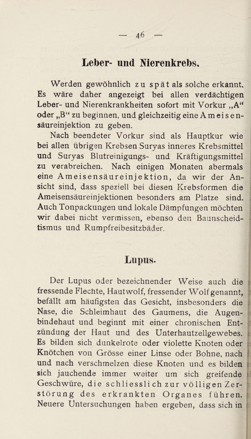 Leber- und Nierenkrebs. Werden gewöhnlich zu spät als solche erkannt. Es wäre daher angezeigt bei allen verdächtigen Leber- und Nierenkrankheiten sofort mit Vorkur „Aa oder „B“ zu beginnen, und gleichzeitig eine Ameisen- säureinjektion zu geben. Nach beendeter Vorkur sind als Hauptkur wie bei allen übrigen Krebsen Suryas inneres Krebsmittel und Suryas Blutreinigungs- und Kräftigungsmittel zu verabreichen. Nach einigen Monaten abermals eine Ameisensäureinjektion, da wir der An¬ sicht sind, dass speziell bei diesen Krebsformen die Ameisensäureinjektionen besonders am Platze sind. Auch Tonpackungen und lokale Dämpfungen möchten wir dabei nicht vermissen, ebenso den Baunscheid- tismus und Rumpfreibesitzbäder. Lupus. Der Lupus oder bezeichnender Weise auch die fressende Flechte, Haut wolf, fressender Wolf genannt, befällt am häufigsten das Gesicht, insbesonders die Nase, die Schleimhaut des Gaumens, die Augen¬ bindehaut und beginnt mit einer chronischen Ent¬ zündung der Haut und des Unterhautzellgewebes. ; Es bilden sich dunkelrote oder violette Knoten oder Knötchen von Grösse einer Linse oder Bohne, nach und nach verschmelzen diese Knoten und es bilden I sich jauchende immer weiter um sich greifende i Geschwüre, die schliesslich zur völligen Zer¬ störung des erkrankten Organes führen. Neuere Untersuchungen haben ergeben, dass sich in